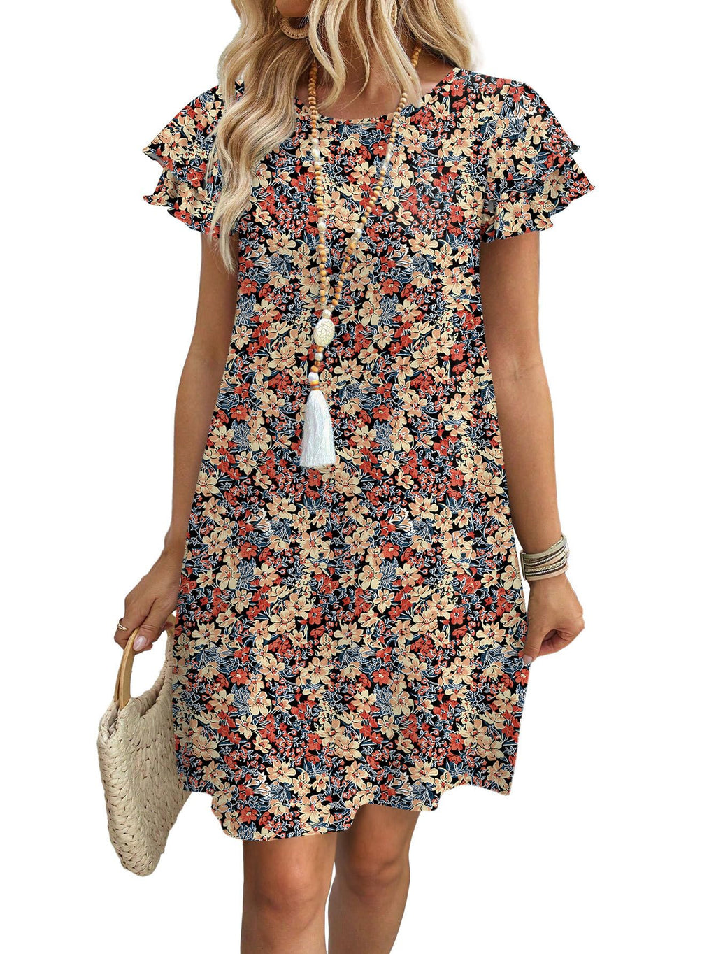 Womens Summer Dresses 2026 Ruffle Sleeve Round Neck Loose Swing Sundresses with Pockets Plain/Print