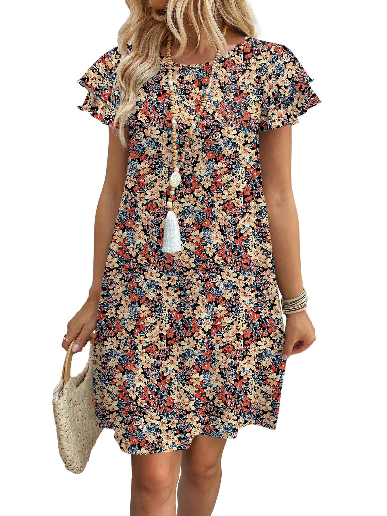 Womens Summer Dresses 2026 Ruffle Sleeve Round Neck Loose Swing Sundresses with Pockets Plain/Print