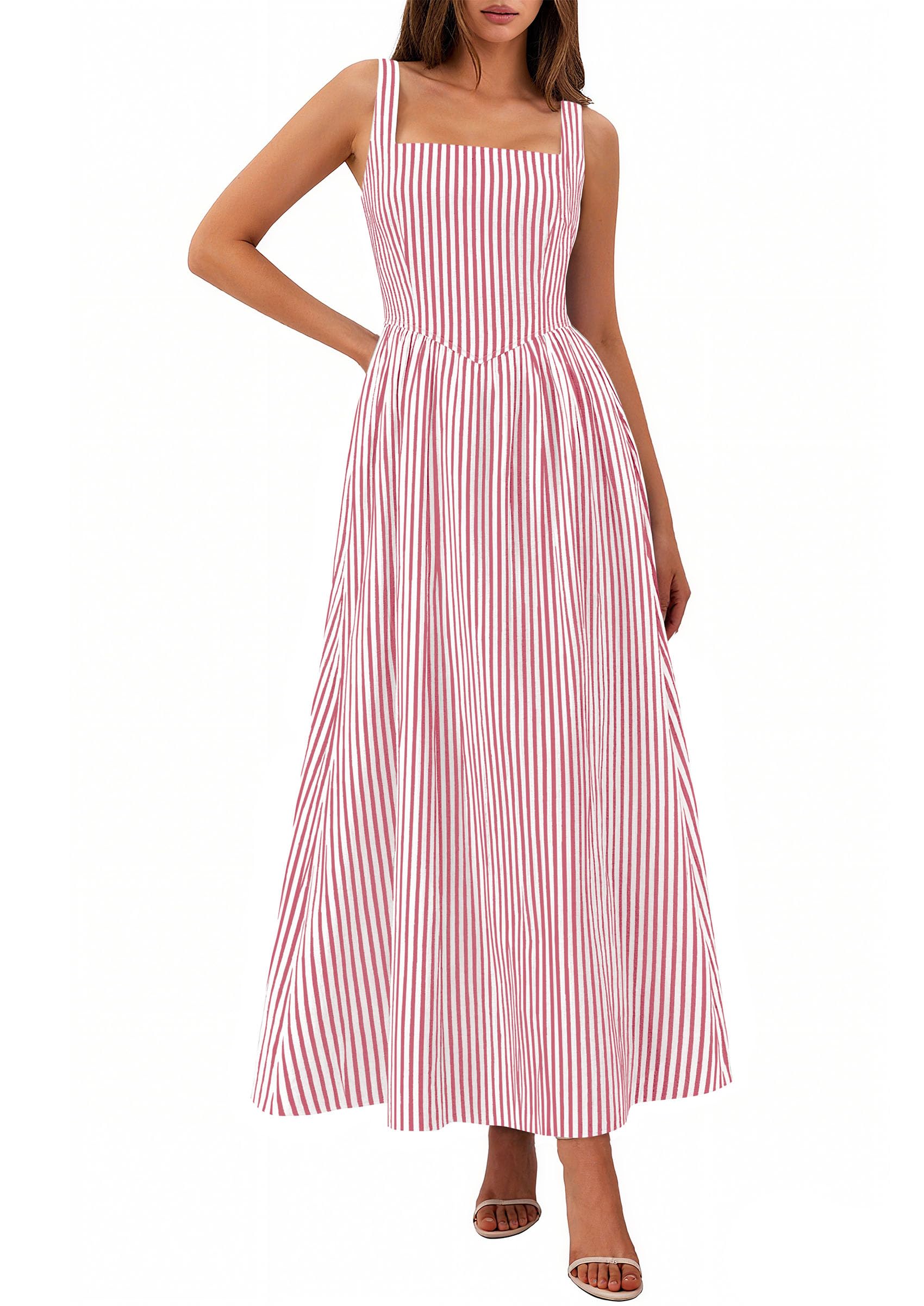 Women's Maxi Dress Summer Striped Sundress | Sleeveless Square Neck, Long Flowy A Line, Smocked Back, Pockets, Casual Spring Outfits for Beach Vacation, Resort, Party