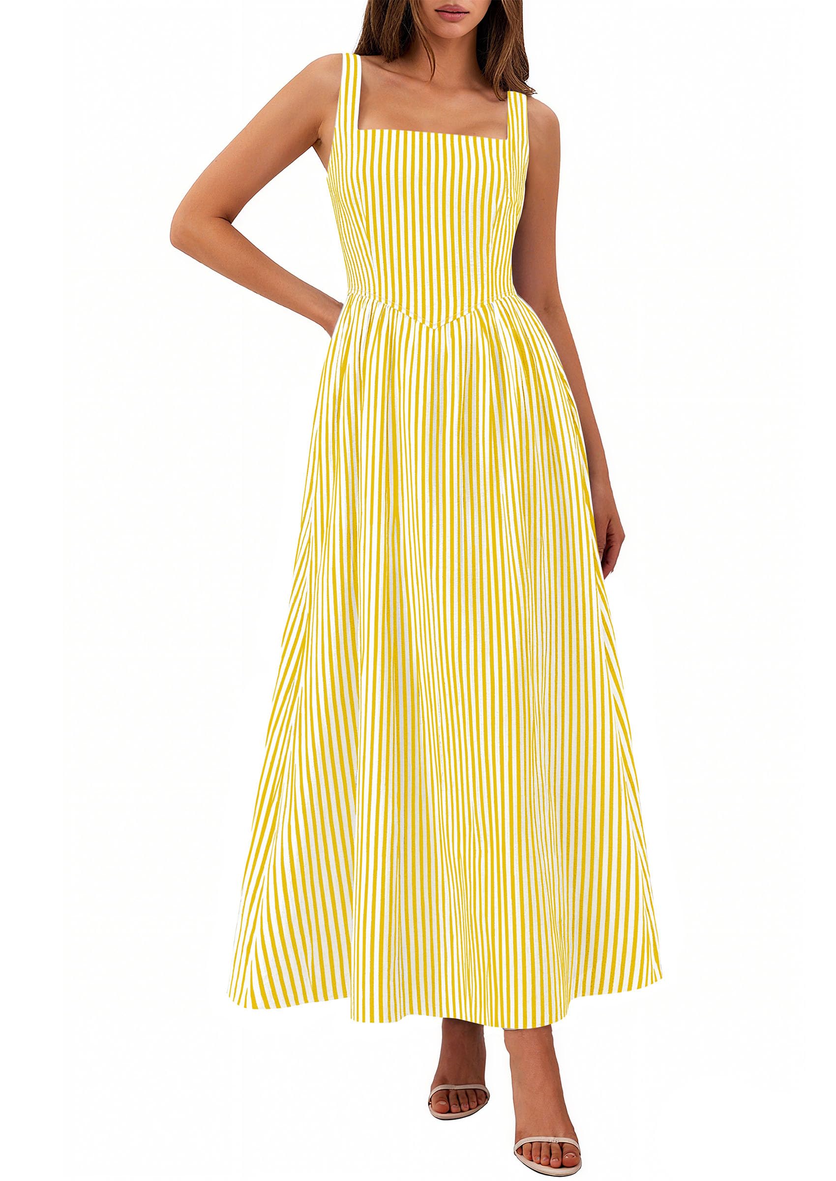 Women's Maxi Dress Summer Striped Sundress | Sleeveless Square Neck, Long Flowy A Line, Smocked Back, Pockets, Casual Spring Outfits for Beach Vacation, Resort, Party