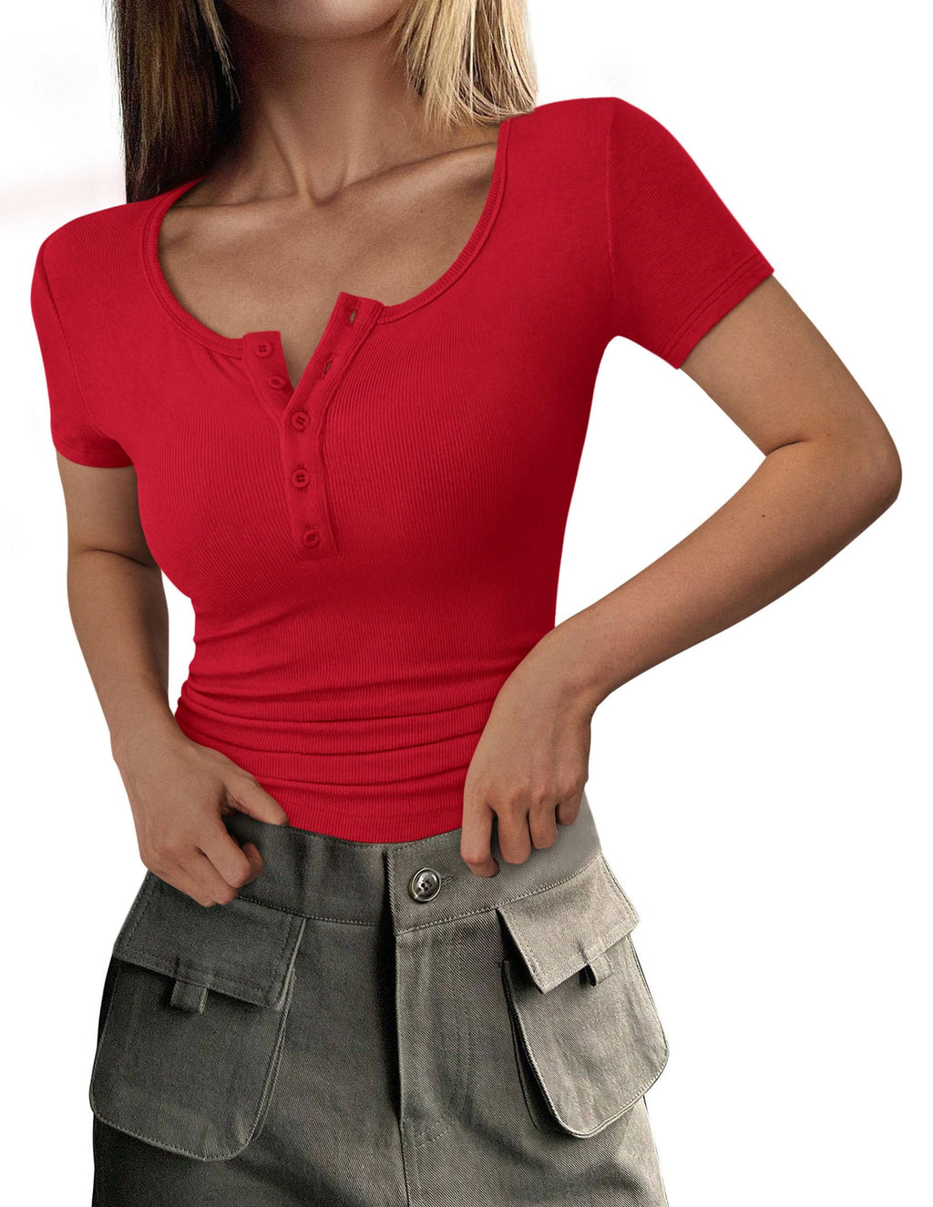 Women's Summer Tops Henley Tee Shirts | Soft Ribbed Fabric, Button Up, Short Sleeve, Slim Fitted, Basic Tshirts, Casual Trendy, Going Out Outfits, Fashion Clothing
