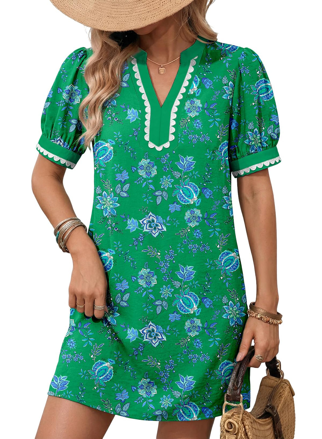 Summer Dresses for Women 2026 Boho Floral Puff Short Sleeve V Neck Trim Casual Mini Dress Sundress