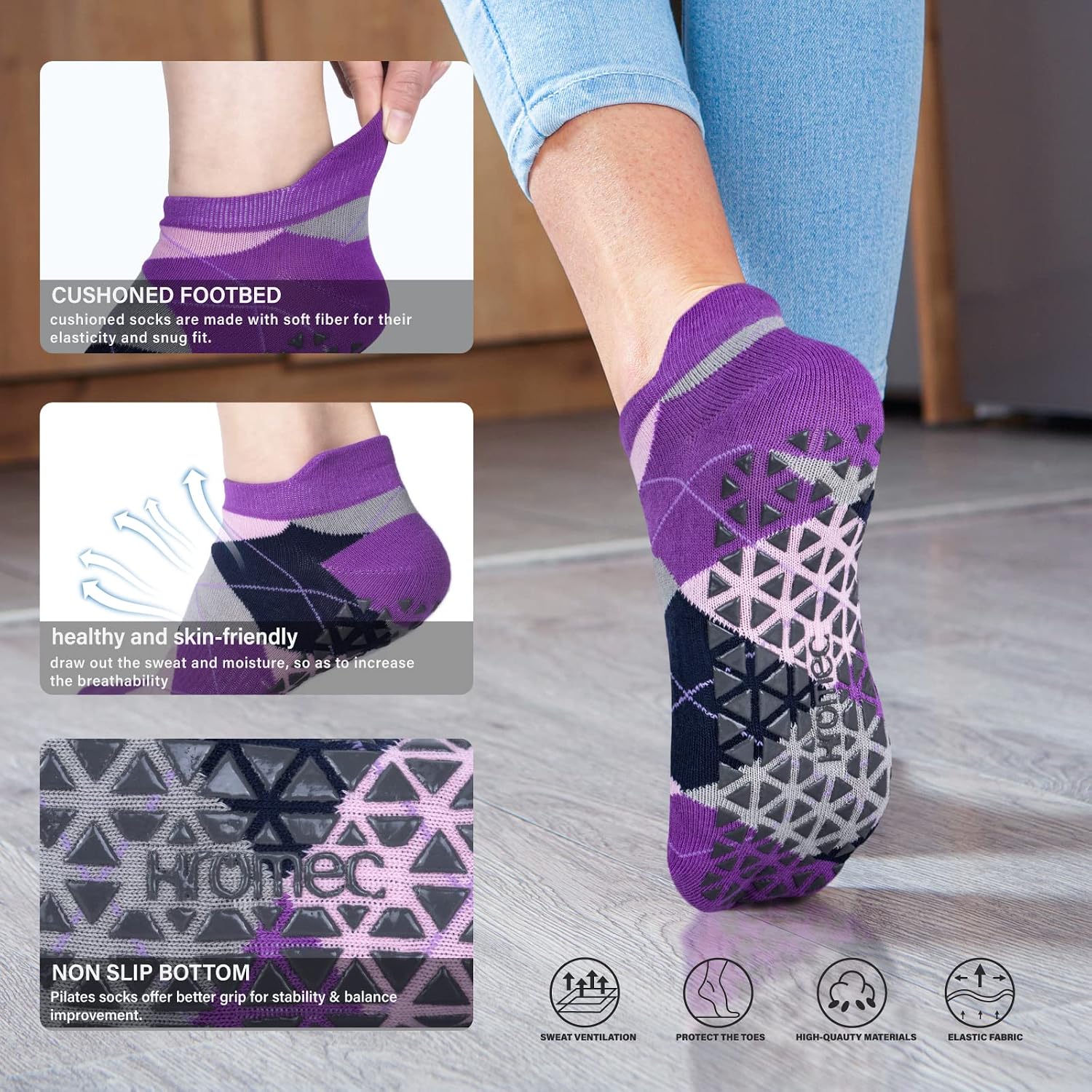 Pilates Socks Non Slip Grips for Yoga Barefoot Ballet Barre Hospital | Versatile Non-Slip Grippy Socks for Yoga, Pilates, Barre, Ballet, Gym, Hospital, Physiotherapy, Elderly, Pregnancy