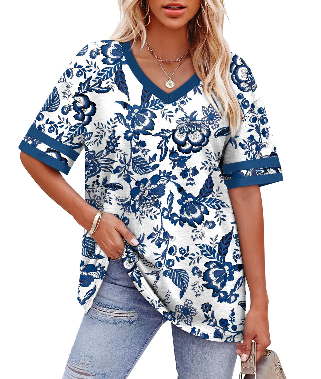 Womens T Shirts Loose Fit Short Sleeve Tees V Neck Color Block Summer Tops 2026 Fashion S-4XL