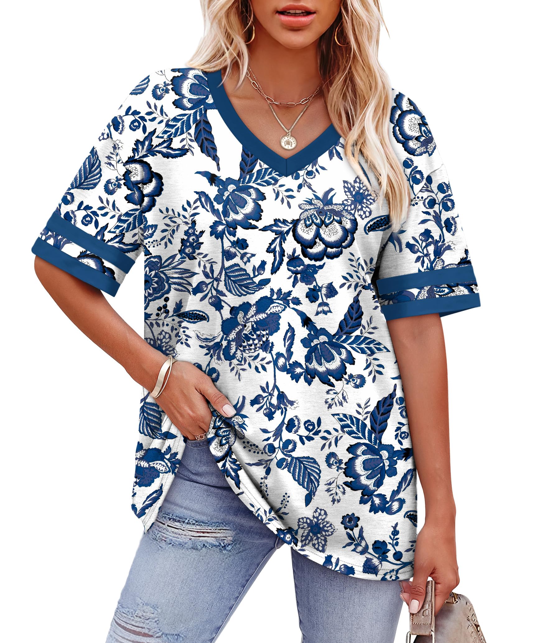Womens T Shirts Loose Fit Short Sleeve Tees V Neck Color Block Summer Tops 2026 Fashion S-4XL