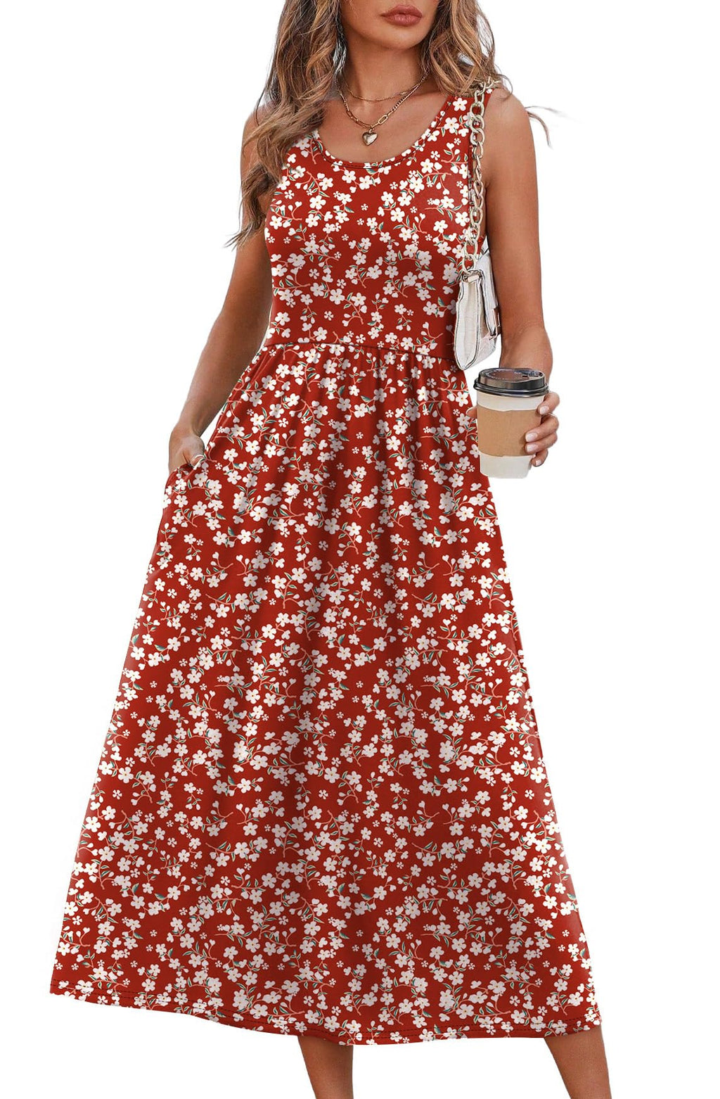 Summer Dresses for Women Flowy Casual Midi Dress Beach Vacation Sundresses with Pockets