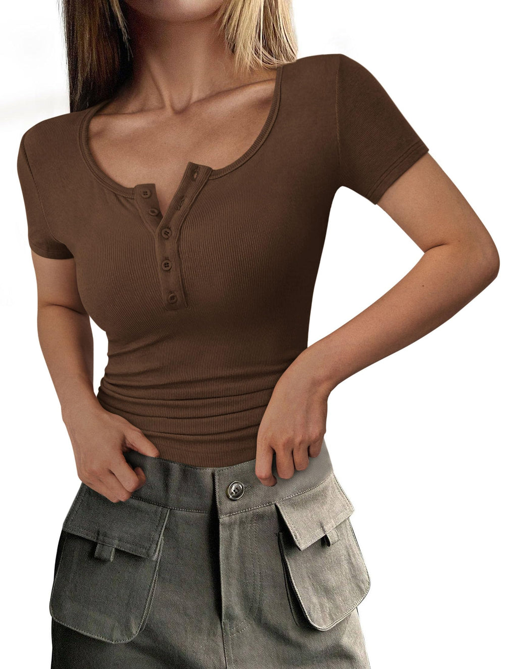 Women's Summer Tops Henley Tee Shirts | Soft Ribbed Fabric, Button Up, Short Sleeve, Slim Fitted, Basic Tshirts, Casual Trendy, Going Out Outfits, Fashion Clothing