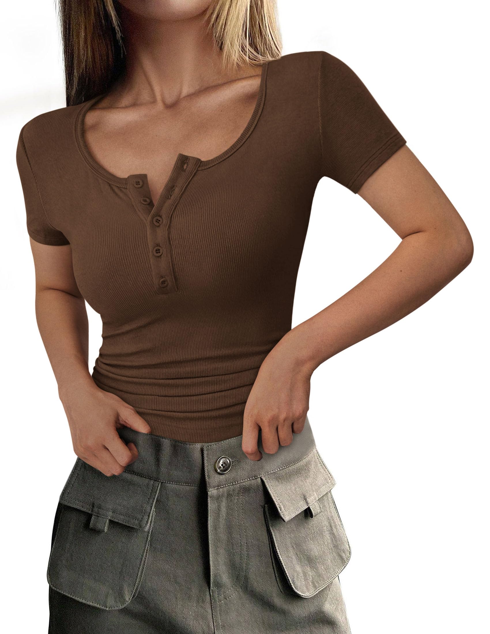 Women's Summer Tops Henley Tee Shirts | Soft Ribbed Fabric, Button Up, Short Sleeve, Slim Fitted, Basic Tshirts, Casual Trendy, Going Out Outfits, Fashion Clothing