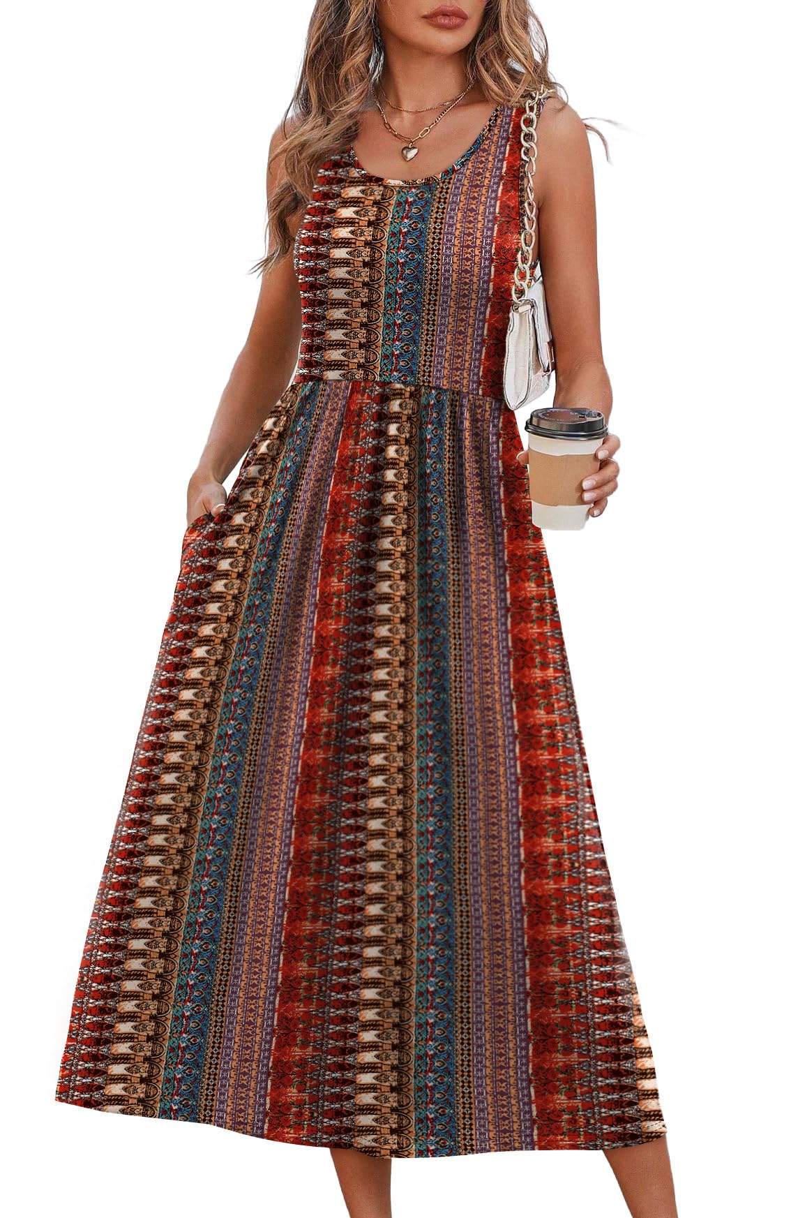 Summer Dresses for Women Flowy Casual Midi Dress Beach Vacation Sundresses with Pockets