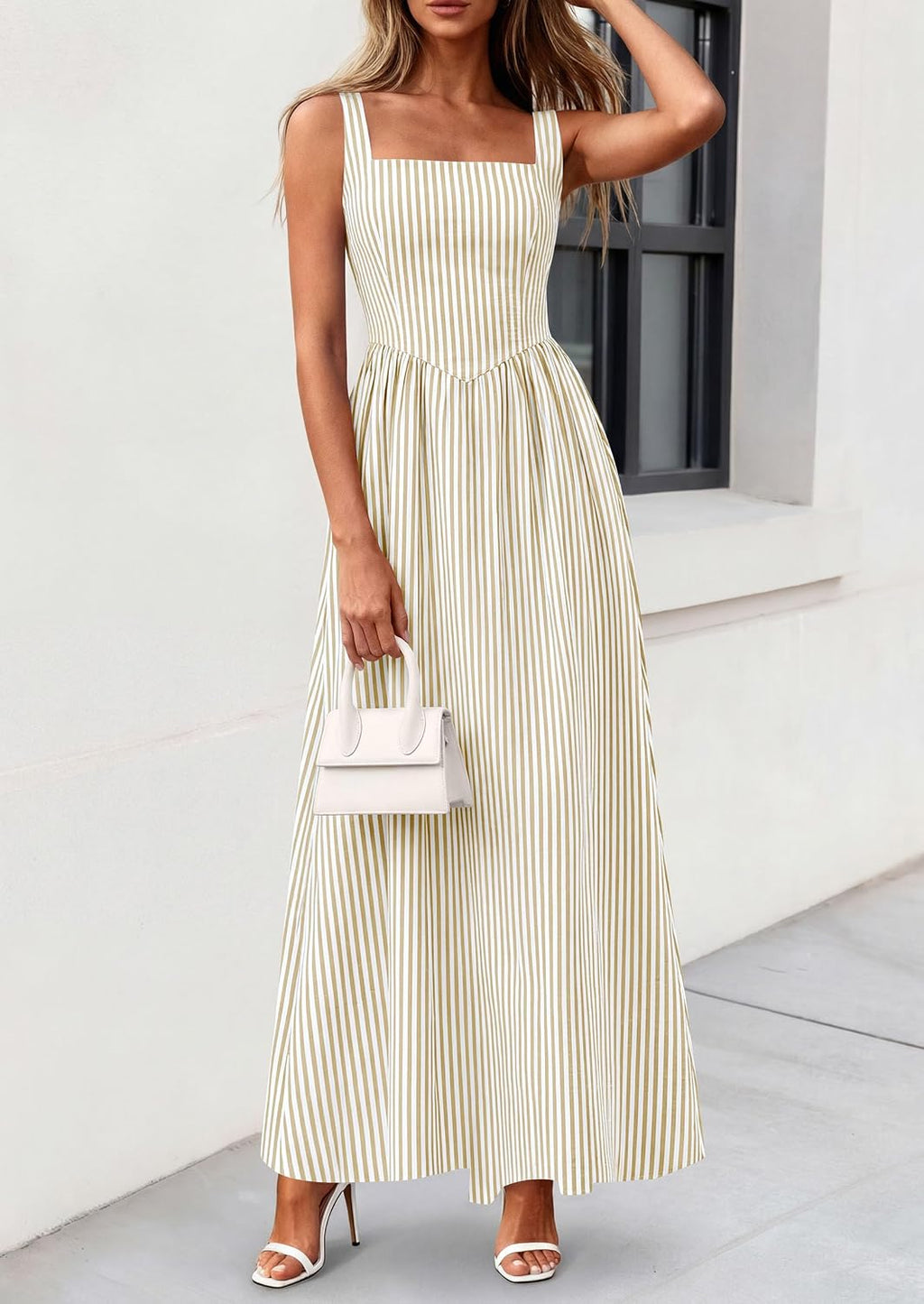Women's Maxi Dress Summer Striped Sundress | Sleeveless Square Neck, Long Flowy A Line, Smocked Back, Pockets, Casual Spring Outfits for Beach Vacation, Resort, Party