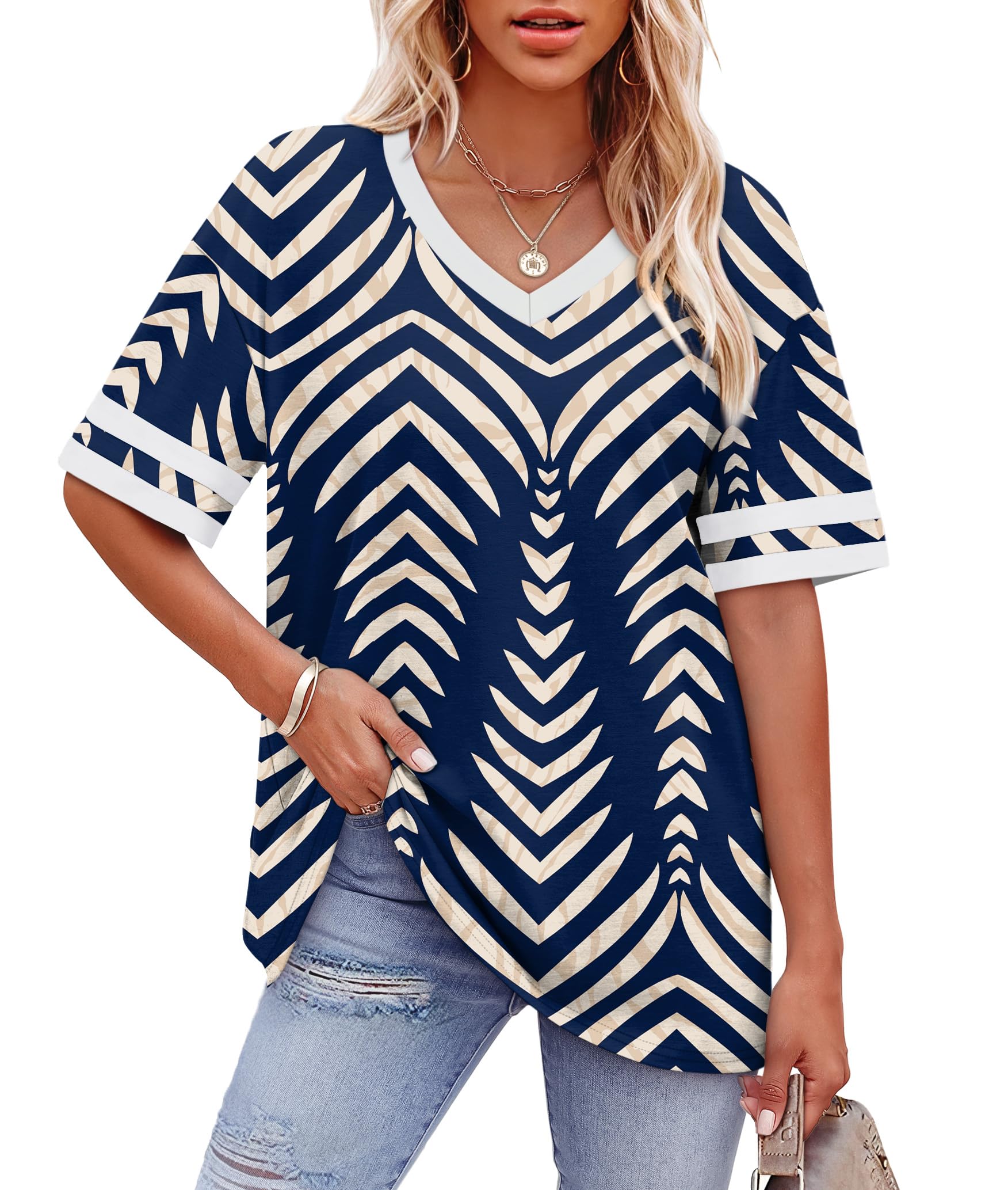 Womens T Shirts Loose Fit Short Sleeve Tees V Neck Color Block Summer Tops 2026 Fashion S-4XL