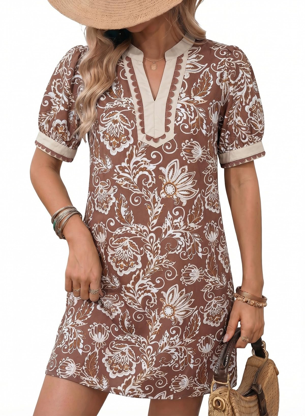 Summer Dresses for Women 2026 Boho Floral Puff Short Sleeve V Neck Trim Casual Mini Dress Sundress
