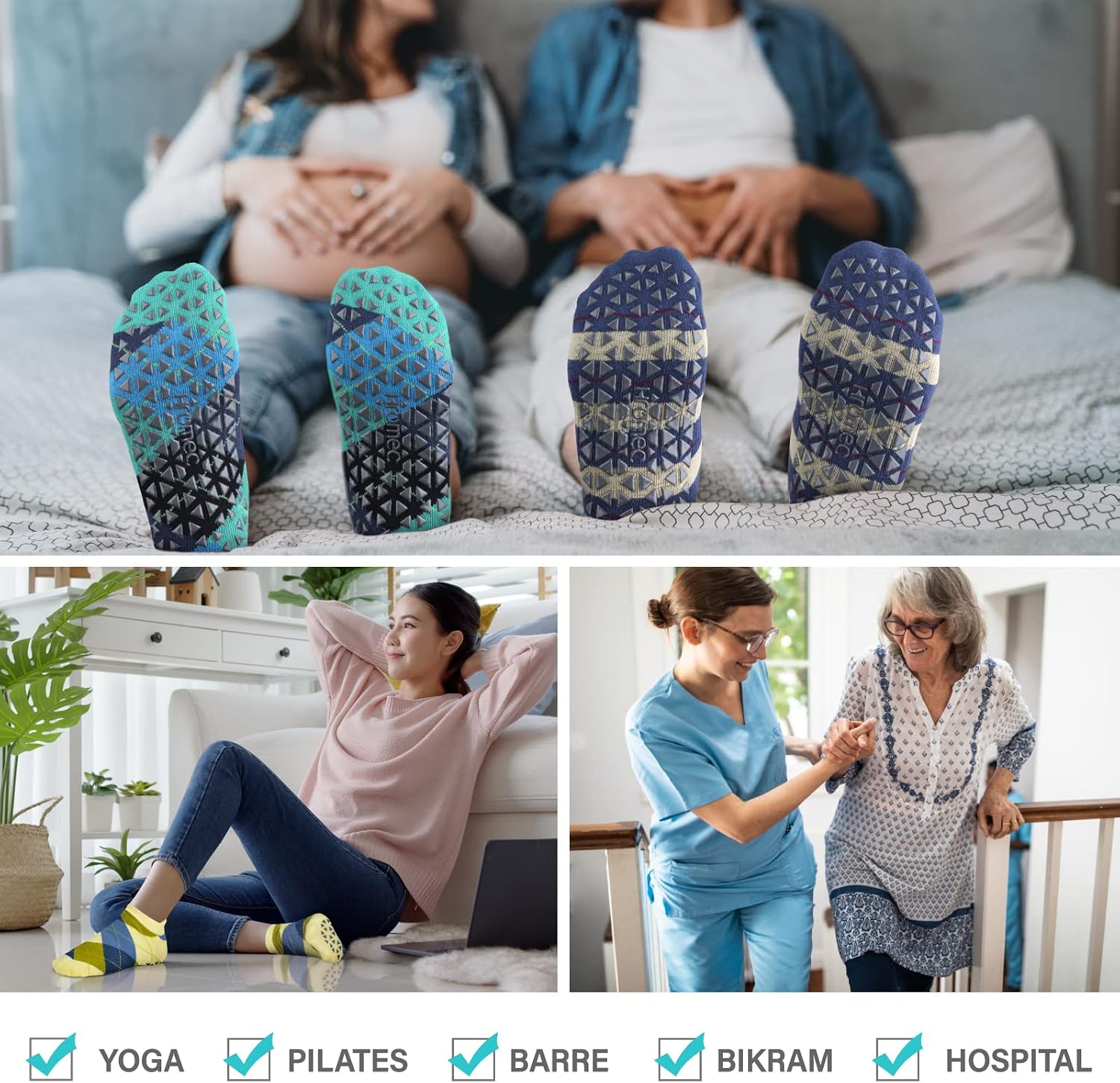 Pilates Socks Non Slip Grips for Yoga Barefoot Ballet Barre Hospital | Versatile Non-Slip Grippy Socks for Yoga, Pilates, Barre, Ballet, Gym, Hospital, Physiotherapy, Elderly, Pregnancy