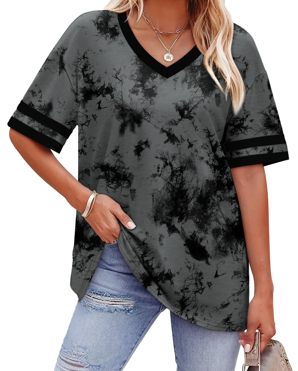 Womens T Shirts Loose Fit Short Sleeve Tees V Neck Color Block Summer Tops 2026 Fashion S-4XL