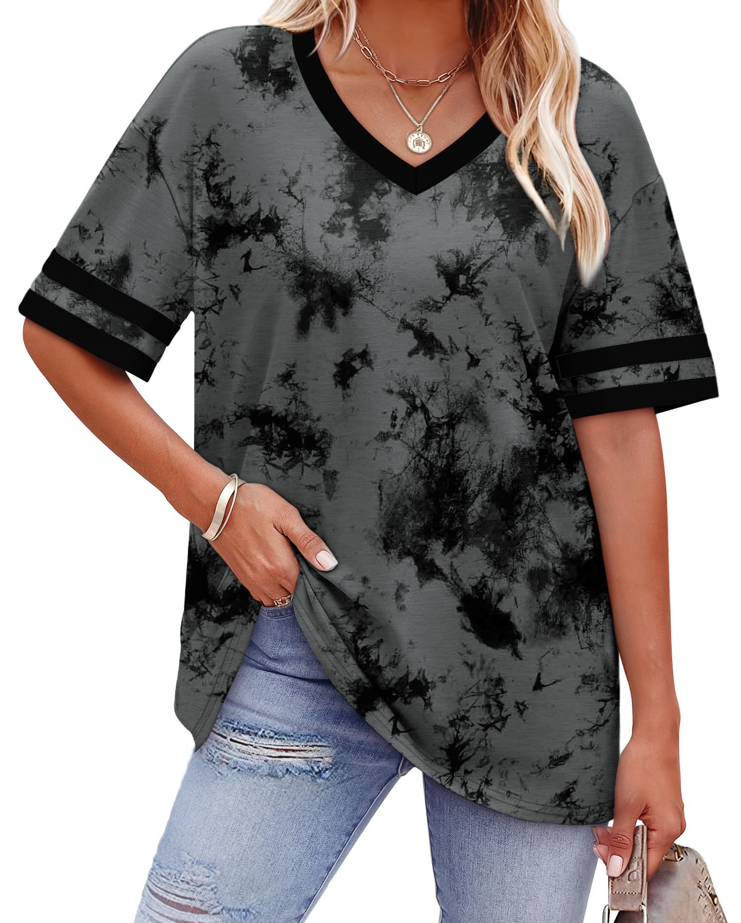 Womens T Shirts Loose Fit Short Sleeve Tees V Neck Color Block Summer Tops 2026 Fashion S-4XL