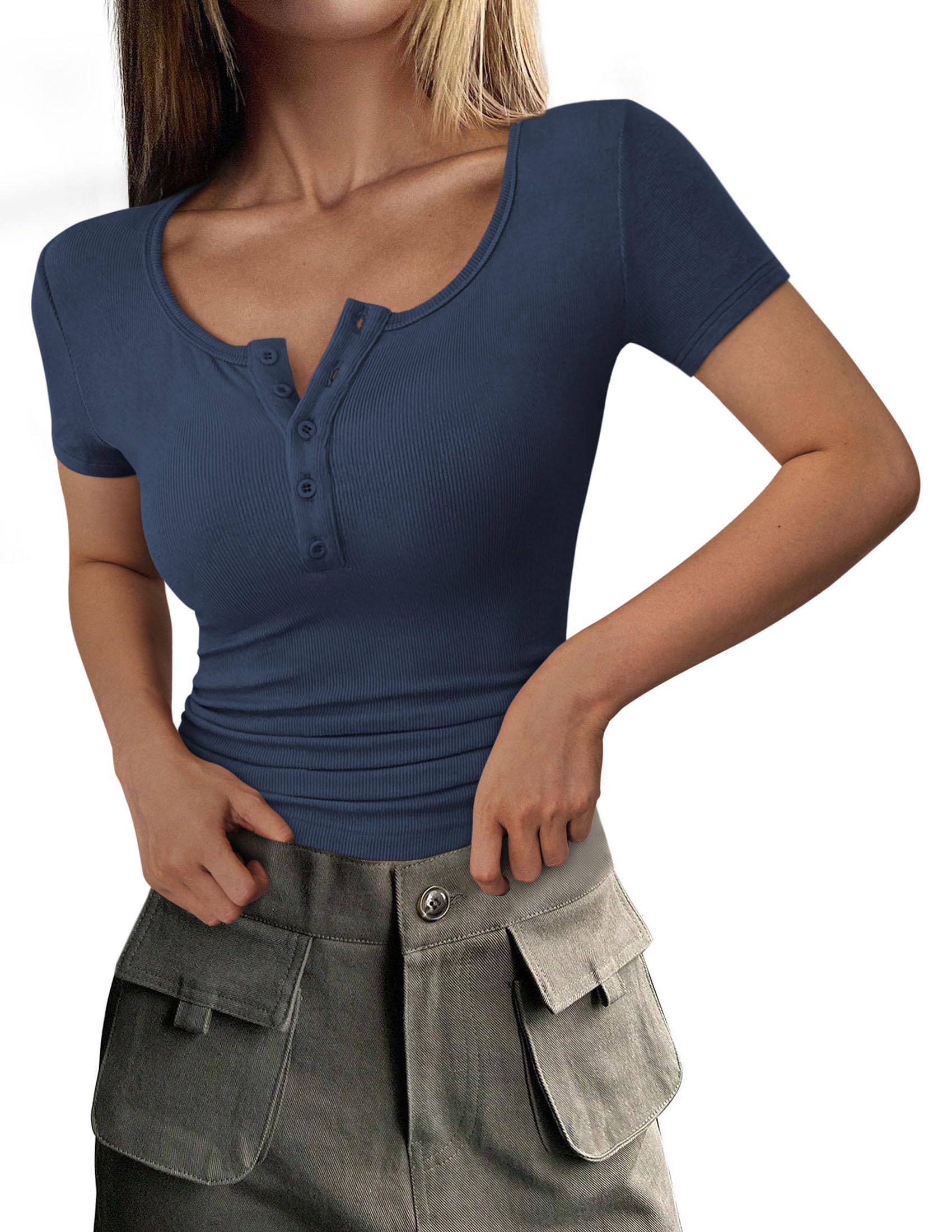 Women's Summer Tops Henley Tee Shirts | Soft Ribbed Fabric, Button Up, Short Sleeve, Slim Fitted, Basic Tshirts, Casual Trendy, Going Out Outfits, Fashion Clothing