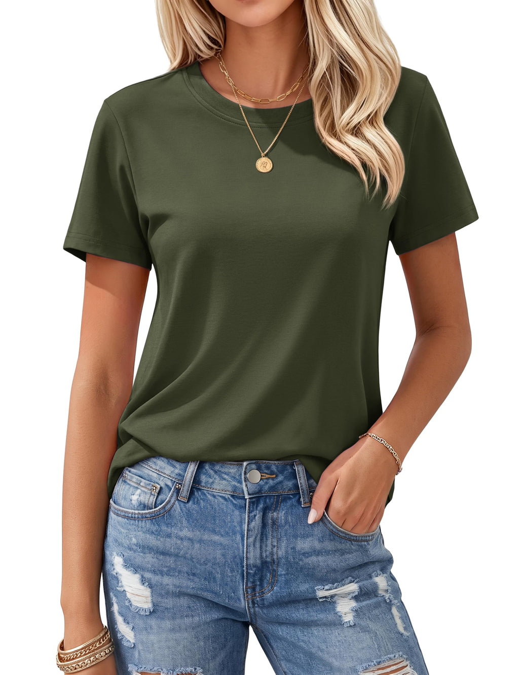 Women's T Shirts Cotton Short Sleeve Shirts Crew-Neck Summer Tops Classic-Fit Tees Breathable Casual Clothes