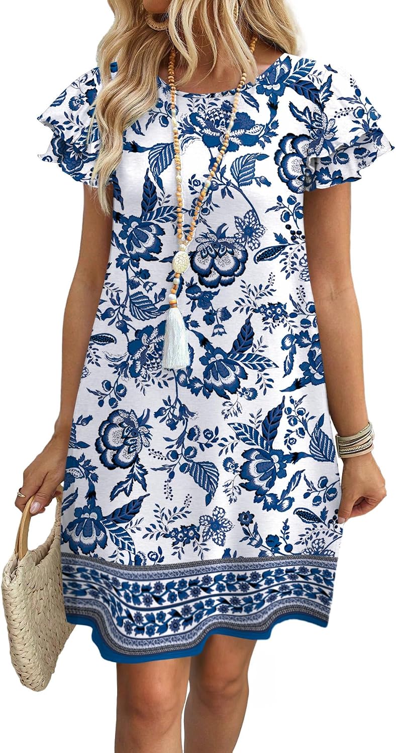 Womens Summer Dresses 2026 Ruffle Sleeve Round Neck Loose Swing Sundresses with Pockets Plain/Print
