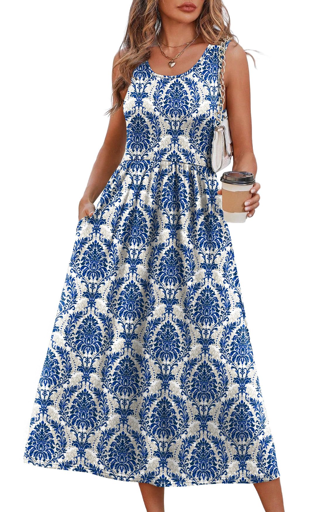 Summer Dresses for Women Flowy Casual Midi Dress Beach Vacation Sundresses with Pockets