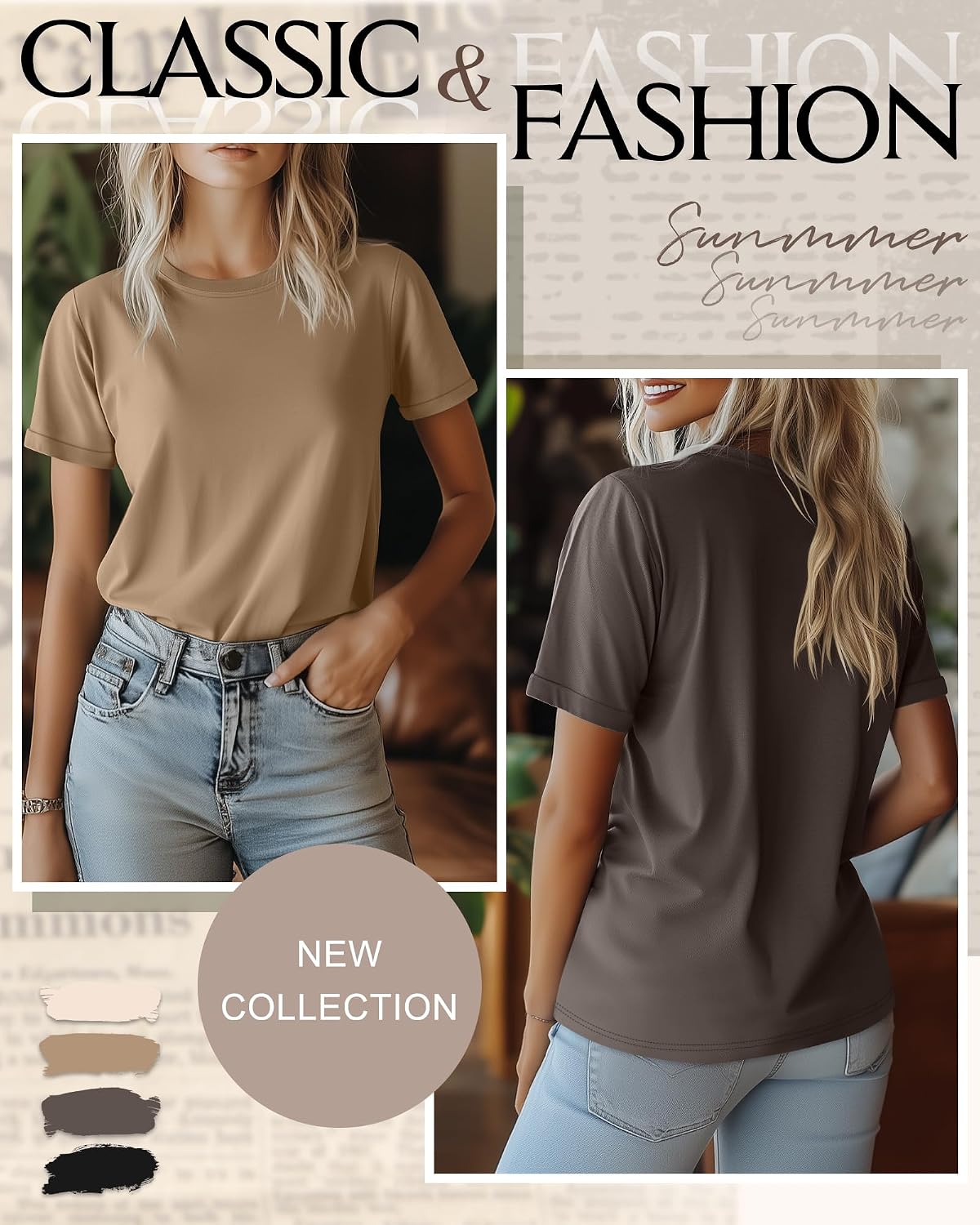 4 Pack Women's Cotton T Shirts | Casual, Short Sleeve, Tunic Tops, Crewneck, Plain, Loose Fit, Rolled Sleeve, Basic Tee, Summer