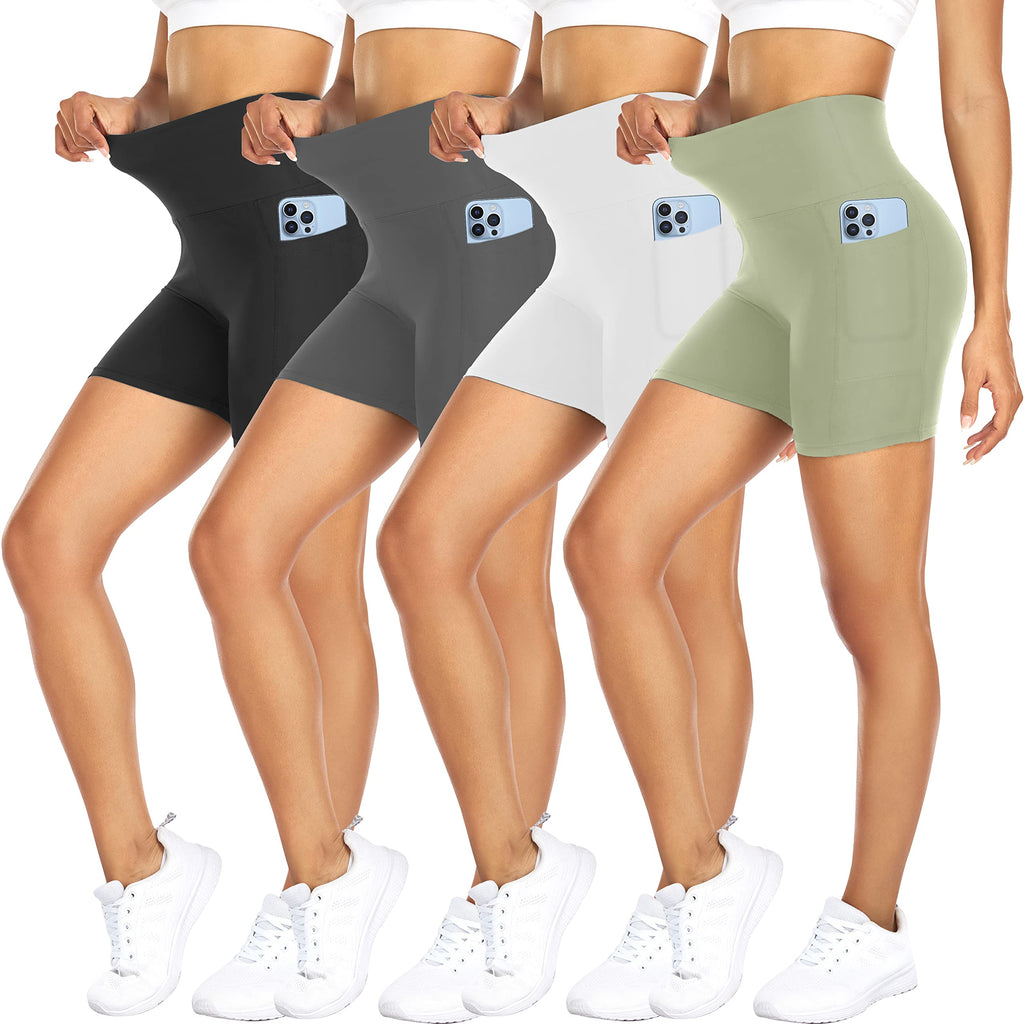 4 Pack Biker Shorts for Women with Pockets – 5" High Waisted Tummy Control Workout Yoga Running Gym Tennis Shorts