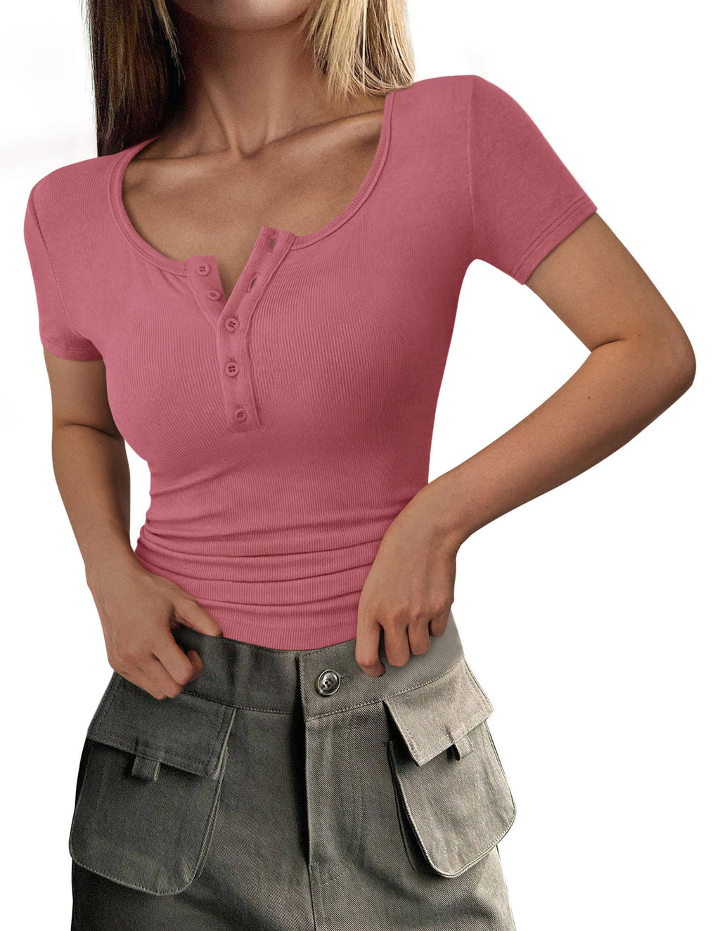 Women's Summer Tops Henley Tee Shirts | Soft Ribbed Fabric, Button Up, Short Sleeve, Slim Fitted, Basic Tshirts, Casual Trendy, Going Out Outfits, Fashion Clothing