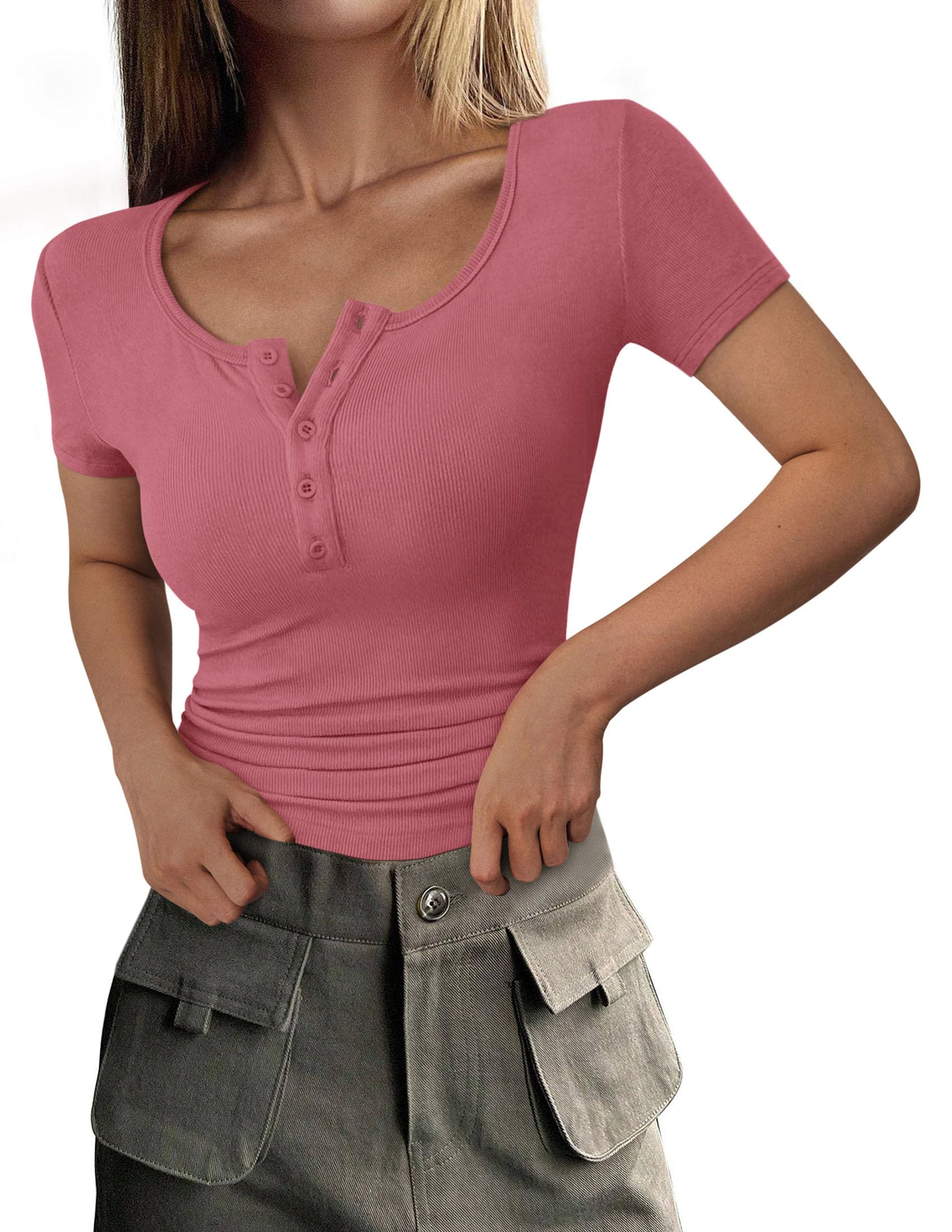 Women's Summer Tops Henley Tee Shirts | Soft Ribbed Fabric, Button Up, Short Sleeve, Slim Fitted, Basic Tshirts, Casual Trendy, Going Out Outfits, Fashion Clothing