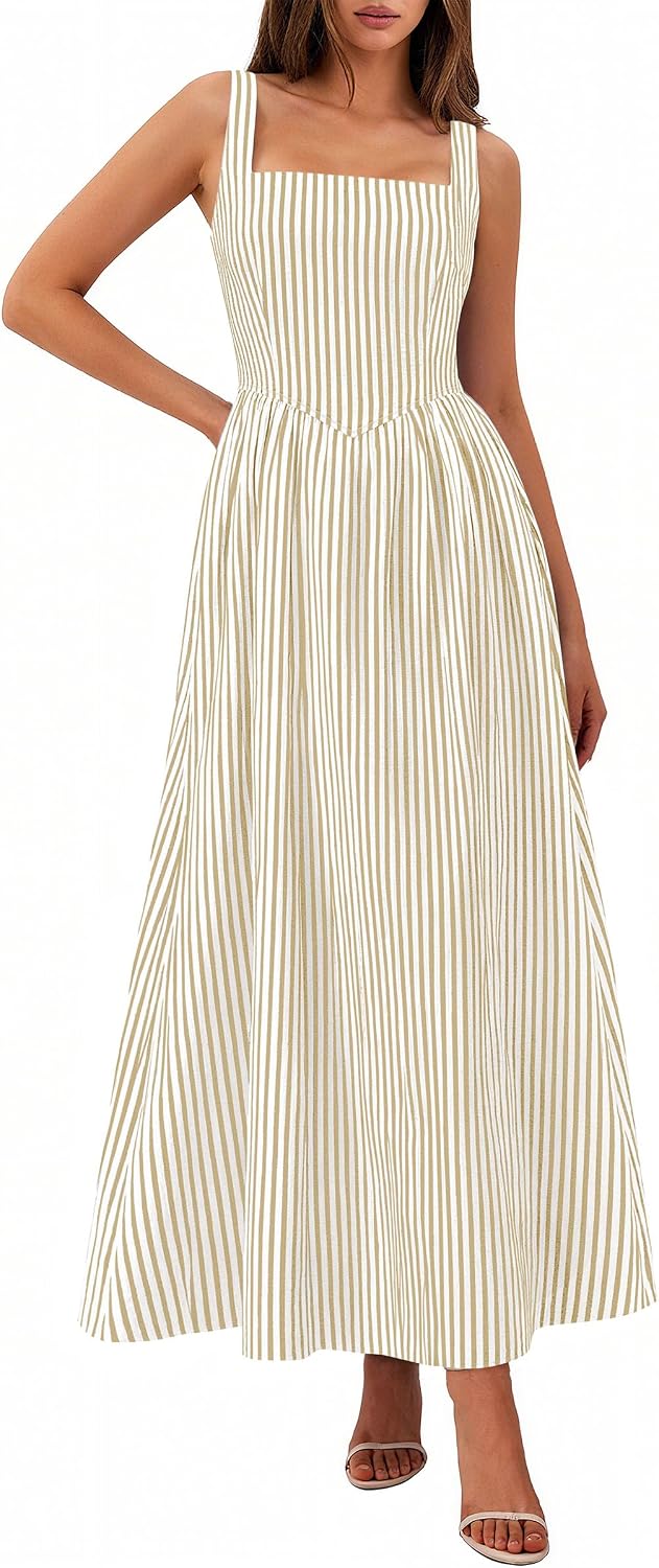 Women's Maxi Dress Summer Striped Sundress | Sleeveless Square Neck, Long Flowy A Line, Smocked Back, Pockets, Casual Spring Outfits for Beach Vacation, Resort, Party