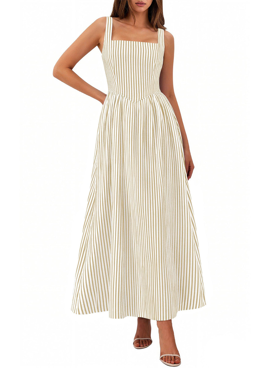 Women's Maxi Dress Summer Striped Sundress | Sleeveless Square Neck, Long Flowy A Line, Smocked Back, Pockets, Casual Spring Outfits for Beach Vacation, Resort, Party
