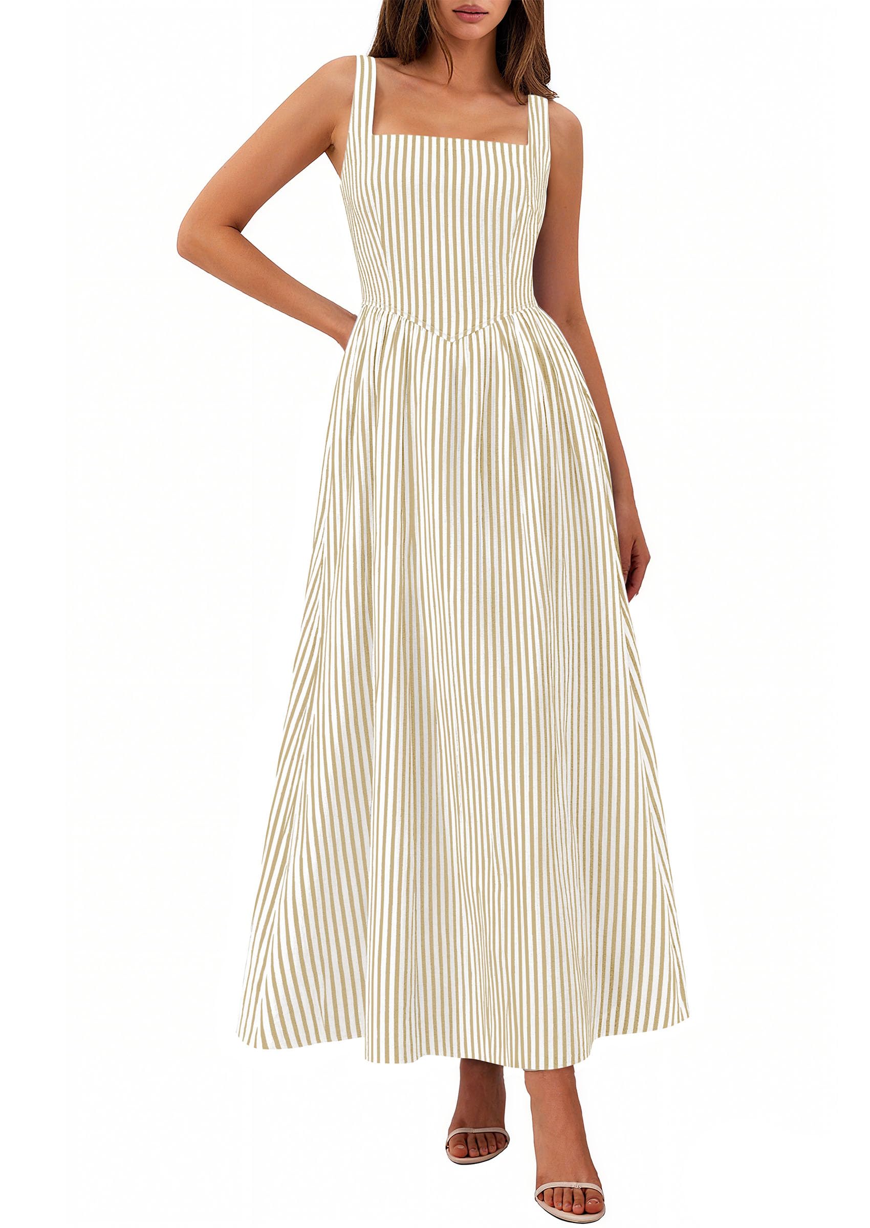 Women's Maxi Dress Summer Striped Sundress | Sleeveless Square Neck, Long Flowy A Line, Smocked Back, Pockets, Casual Spring Outfits for Beach Vacation, Resort, Party