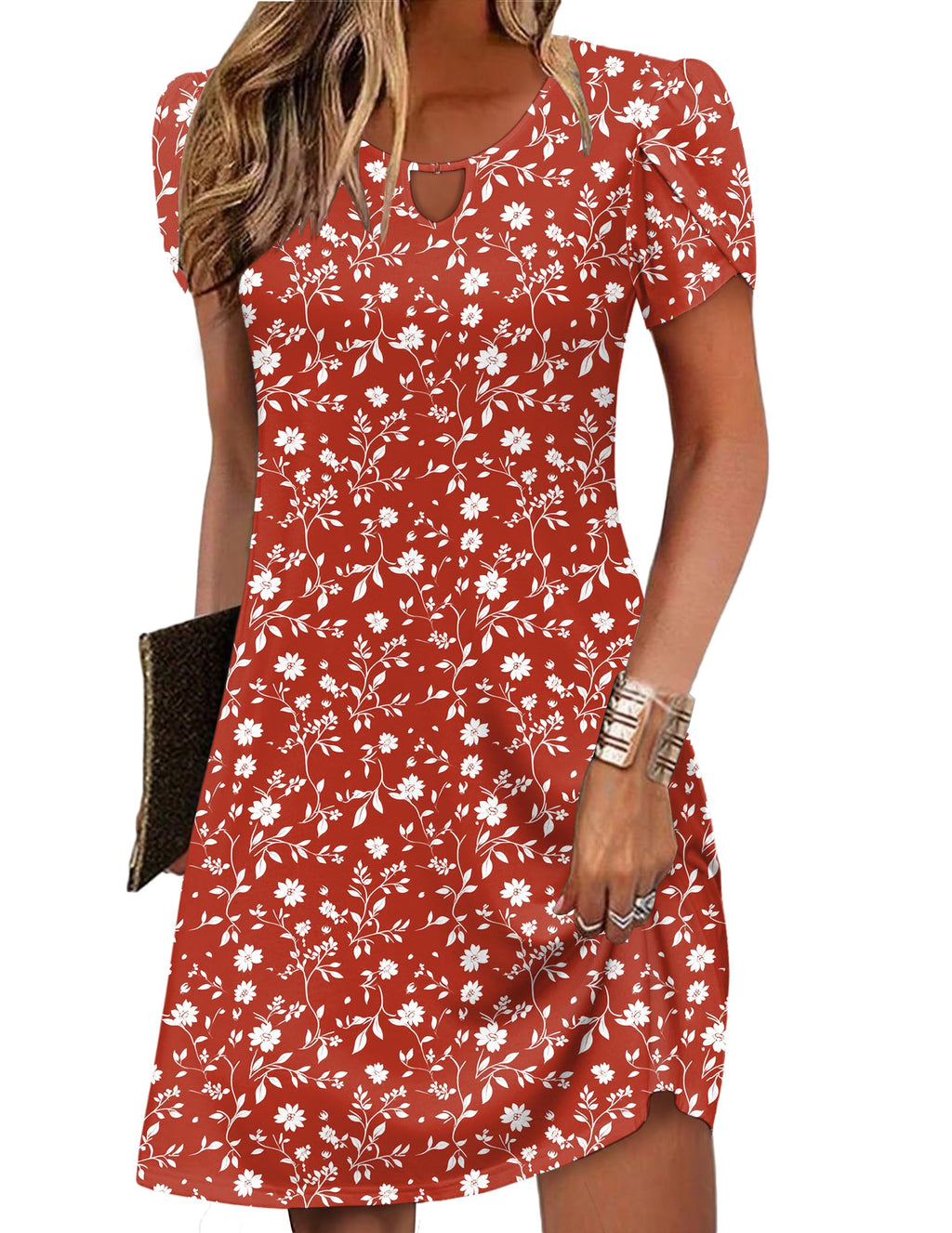 Women's Casual A-Line Dresses with Pockets Summer Floral Tshirt Dress Short Sleeve Mini Dress Flowy Sundresses