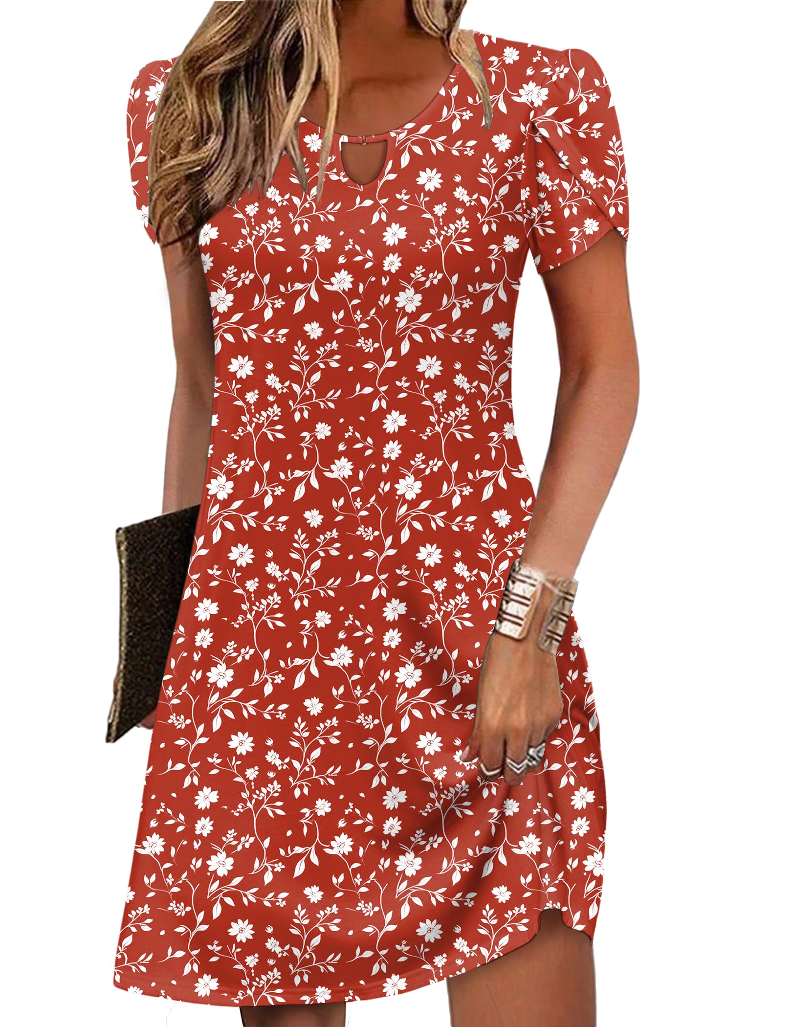 Women's Casual A-Line Dresses with Pockets Summer Floral Tshirt Dress Short Sleeve Mini Dress Flowy Sundresses