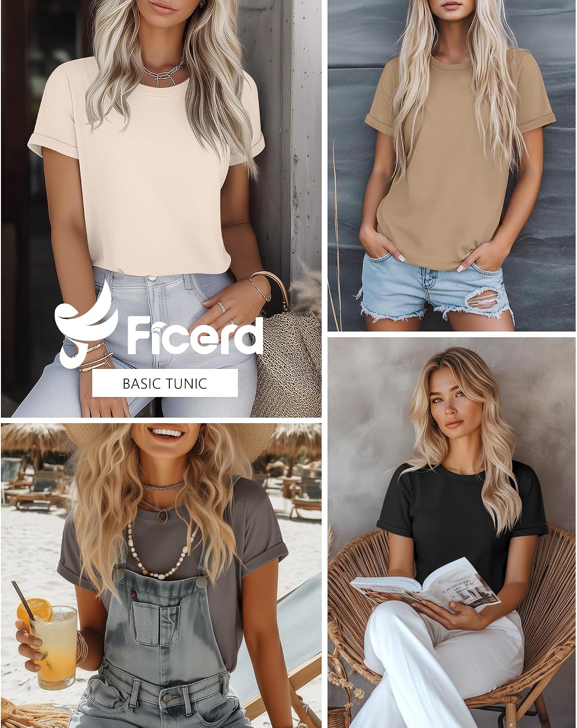 4 Pack Women's Cotton T Shirts | Casual, Short Sleeve, Tunic Tops, Crewneck, Plain, Loose Fit, Rolled Sleeve, Basic Tee, Summer