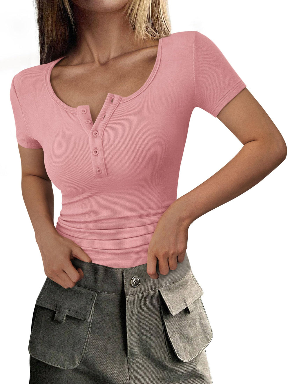 Women's Summer Tops Henley Tee Shirts | Soft Ribbed Fabric, Button Up, Short Sleeve, Slim Fitted, Basic Tshirts, Casual Trendy, Going Out Outfits, Fashion Clothing