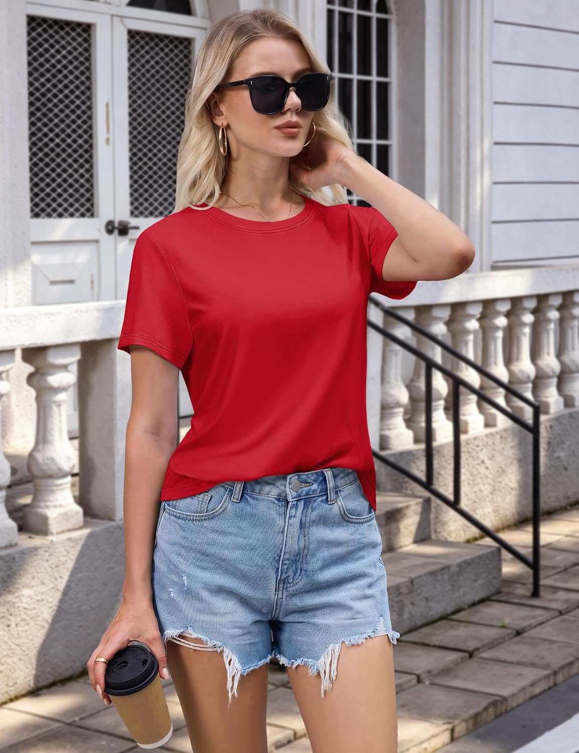 Women's T Shirts Cotton Short Sleeve Shirts Crew-Neck Summer Tops Classic-Fit Tees Breathable Casual Clothes