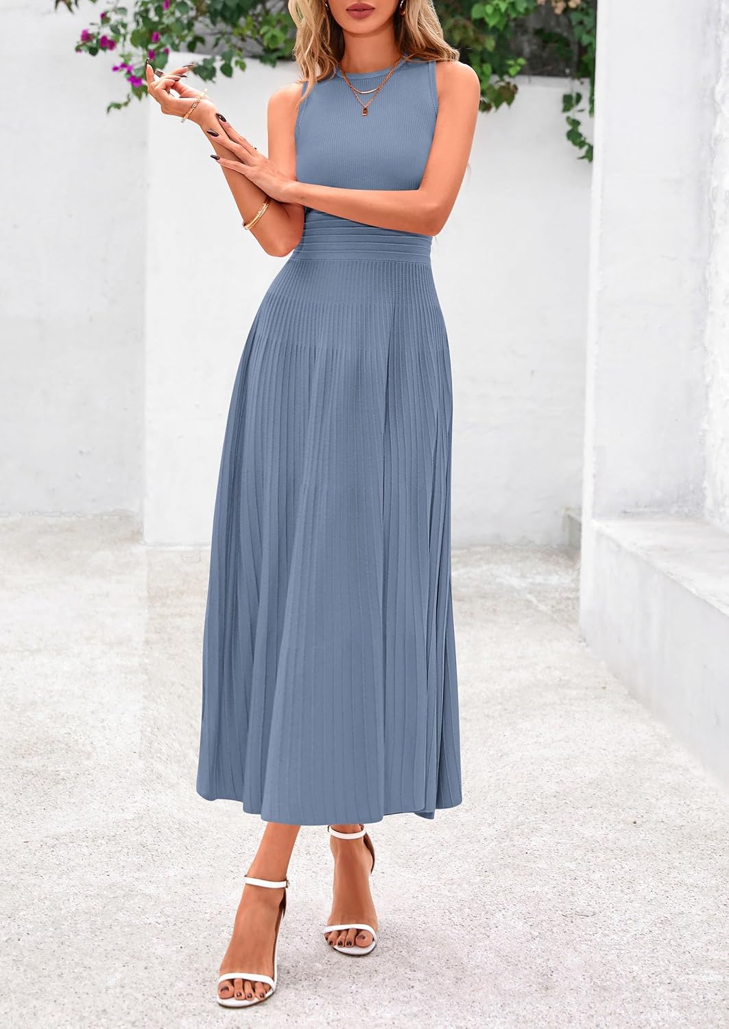Women's Summer Pleated Midi Work Dress | Sleeveless A Line Knit Business Dresses, Spring Semi Formal Long Dress for Wedding Guest, Cocktail Party, Teacher Outfits