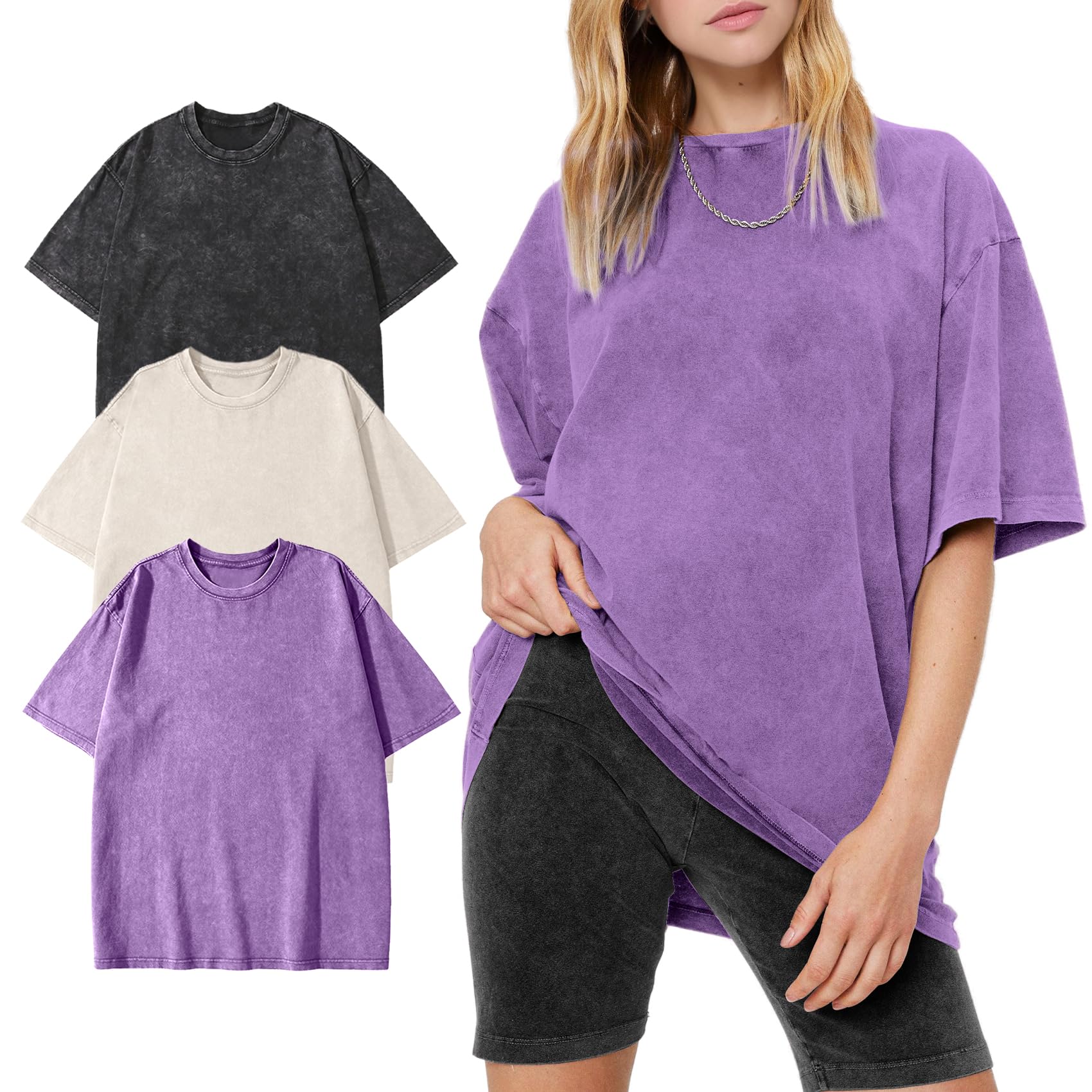 Women's Vintage Oversized T Shirts Washed Cotton Short Sleeve Tops | Soft Cotton Acid Wash Tees, Loose Baggy Boyfriend Fit, Gym, Workout, Streetwear, Casual Daily Outfits