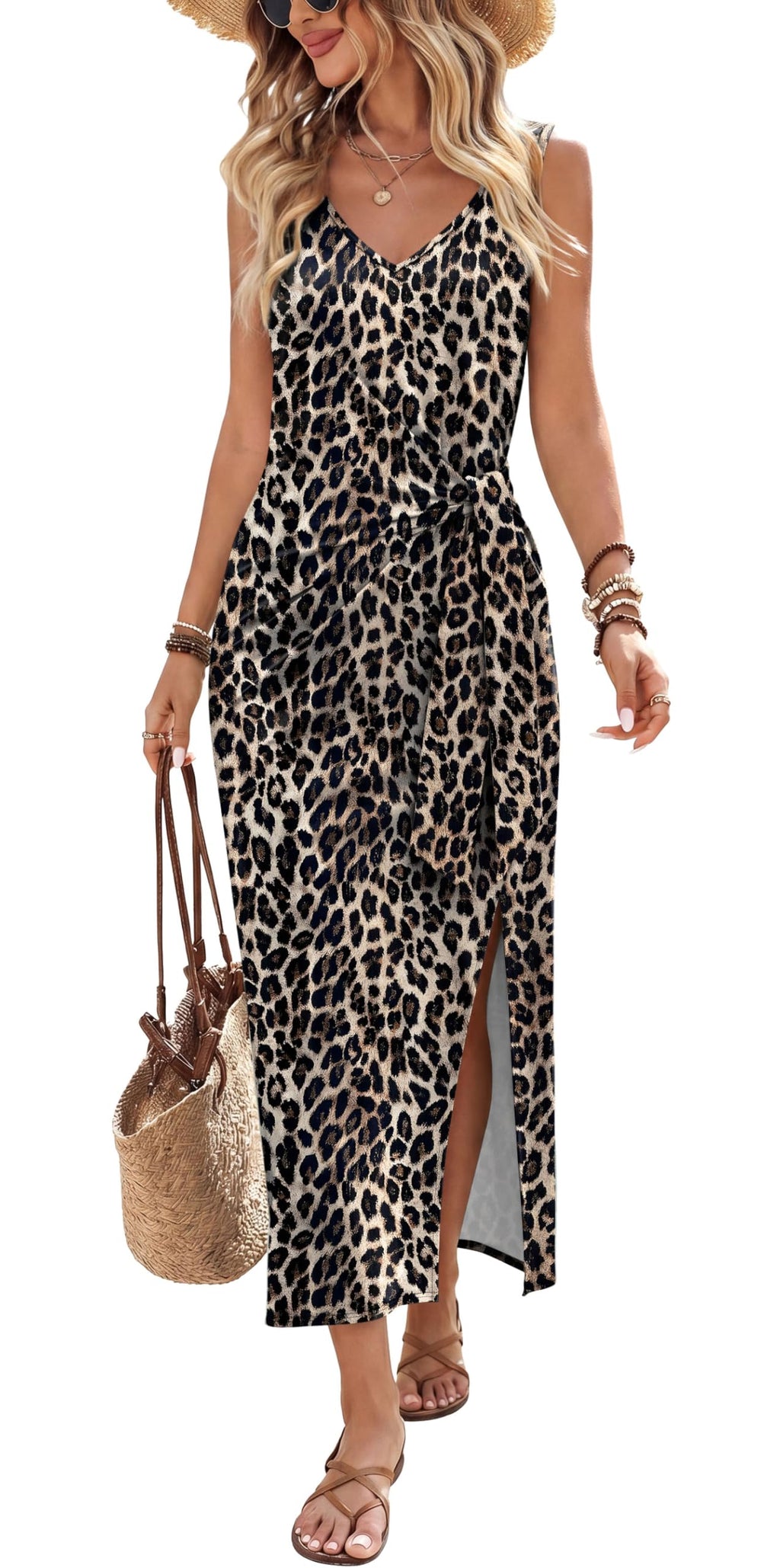 Summer Dresses for Women 2026 V Neck Sleeveless Casual Dress Elegant Work Long Midi Dresses for Women Tie Waist