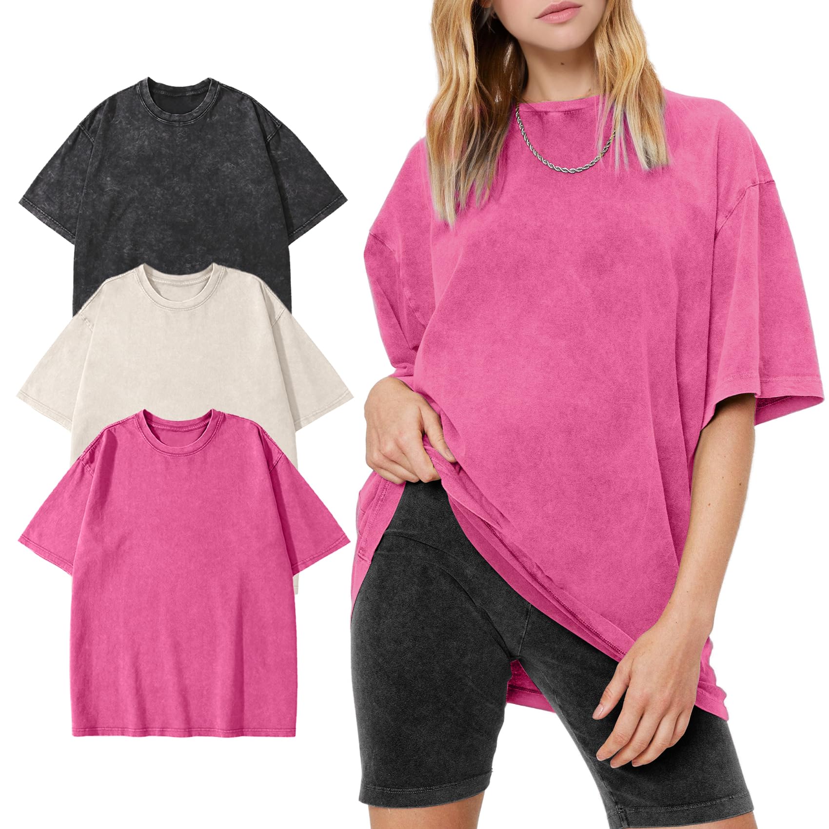 Women's Vintage Oversized T Shirts Washed Cotton Short Sleeve Tops | Soft Cotton Acid Wash Tees, Loose Baggy Boyfriend Fit, Gym, Workout, Streetwear, Casual Daily Outfits