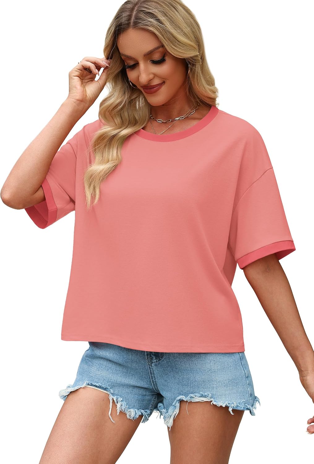 Womens T Shirts Loose Fit Short Half Sleeve Crew Neck Oversized Tshirts Color Block Summer Tops Fashion 2026