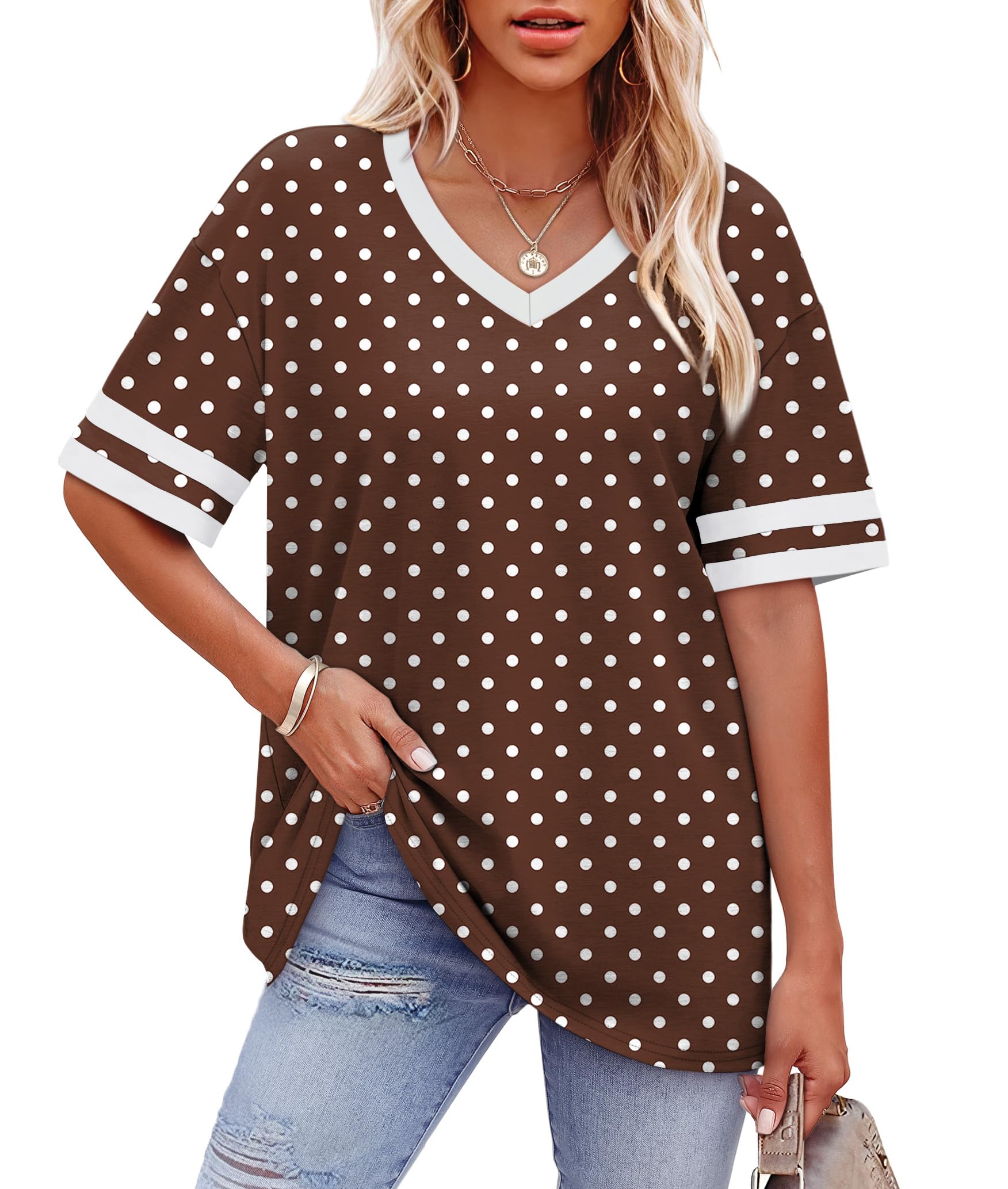 Womens T Shirts Loose Fit Short Sleeve Tees V Neck Color Block Summer Tops 2026 Fashion S-4XL
