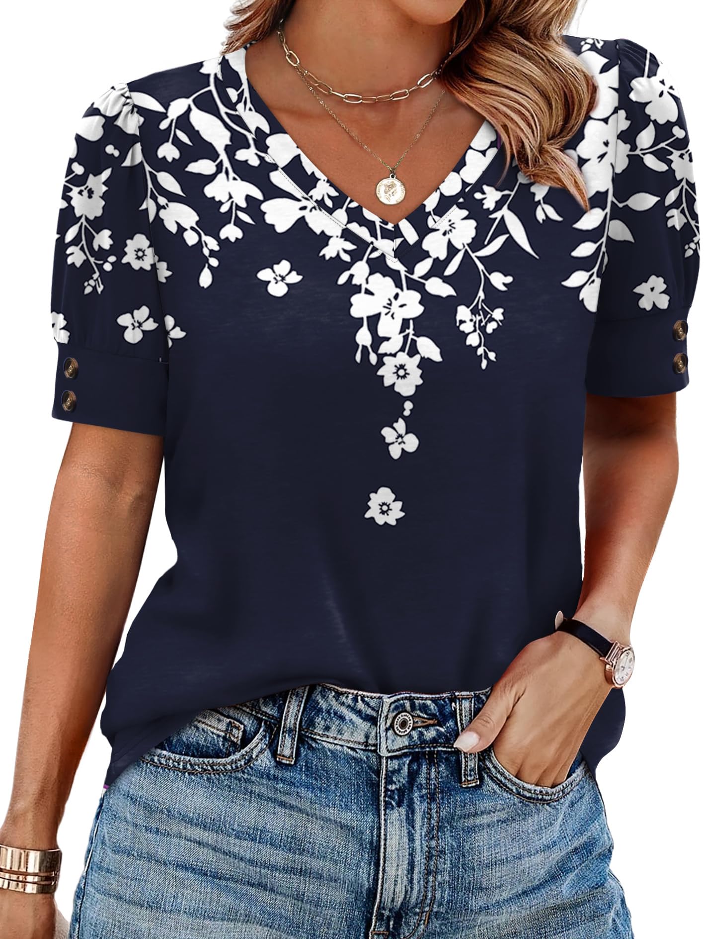 Womens Tops Short Sleeve Shirts Buttons V Neck Spring Fashion Summer Outfits Plus Size Blouses Dressy Casual
