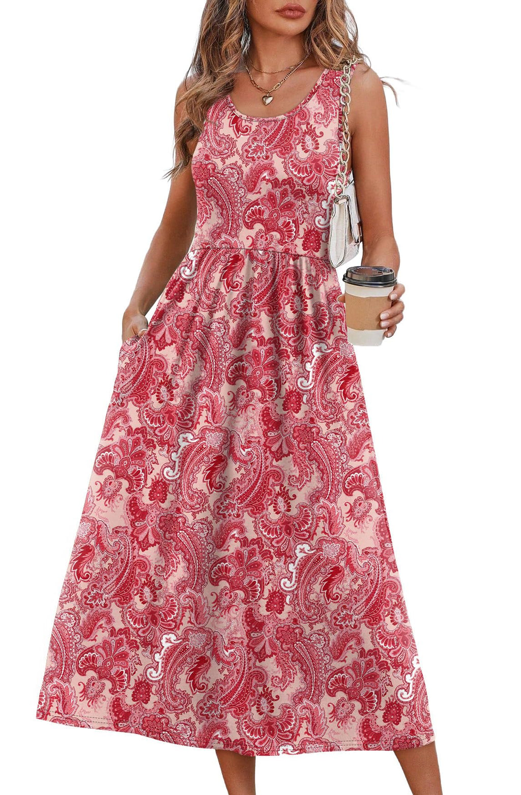 Summer Dresses for Women Flowy Casual Midi Dress Beach Vacation Sundresses with Pockets