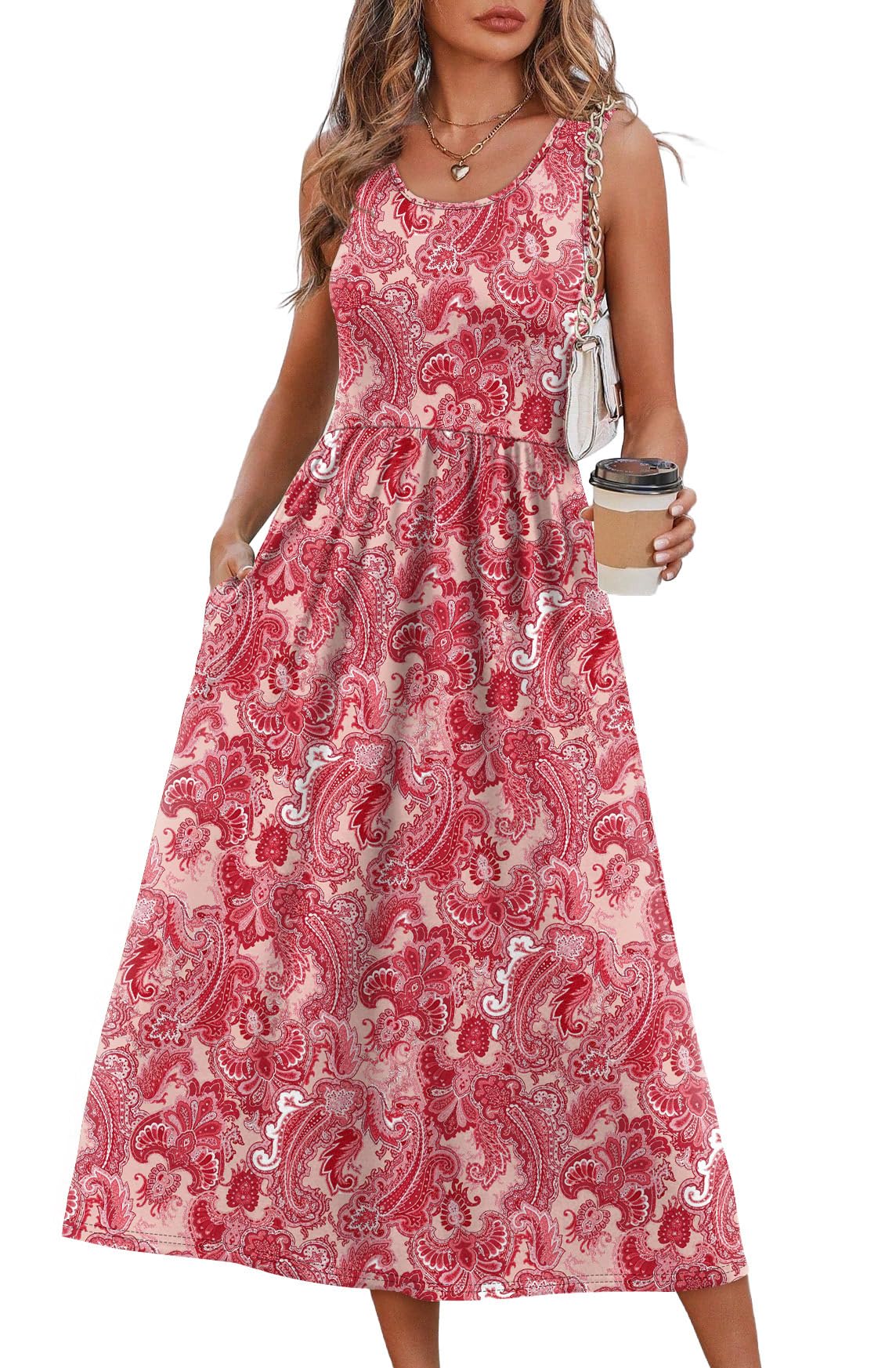 Summer Dresses for Women Flowy Casual Midi Dress Beach Vacation Sundresses with Pockets