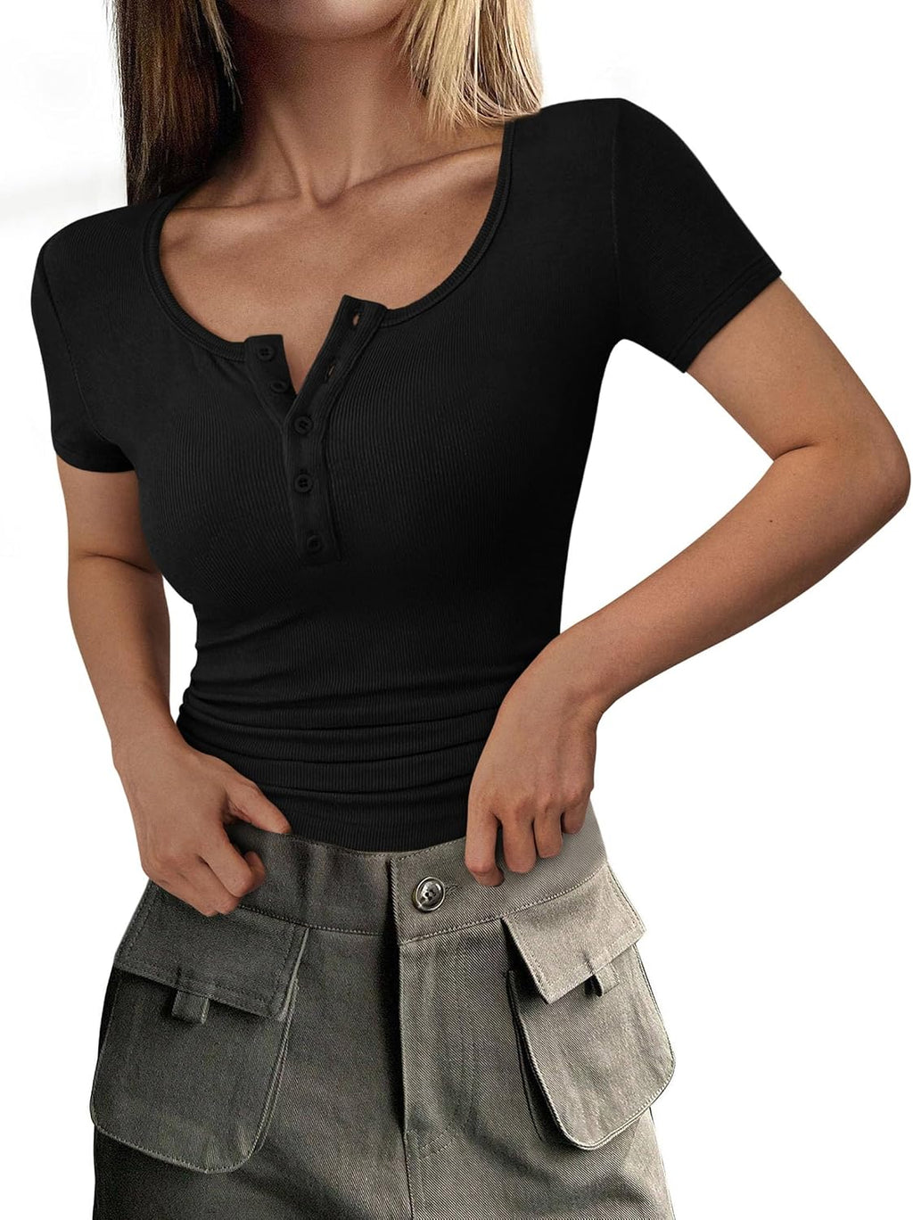 Women's Summer Tops Henley Tee Shirts | Soft Ribbed Fabric, Button Up, Short Sleeve, Slim Fitted, Basic Tshirts, Casual Trendy, Going Out Outfits, Fashion Clothing