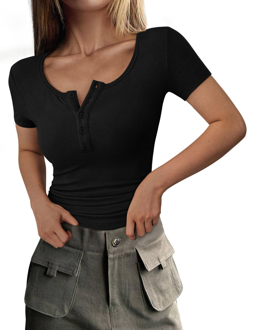 Women's Summer Tops Henley Tee Shirts | Soft Ribbed Fabric, Button Up, Short Sleeve, Slim Fitted, Basic Tshirts, Casual Trendy, Going Out Outfits, Fashion Clothing