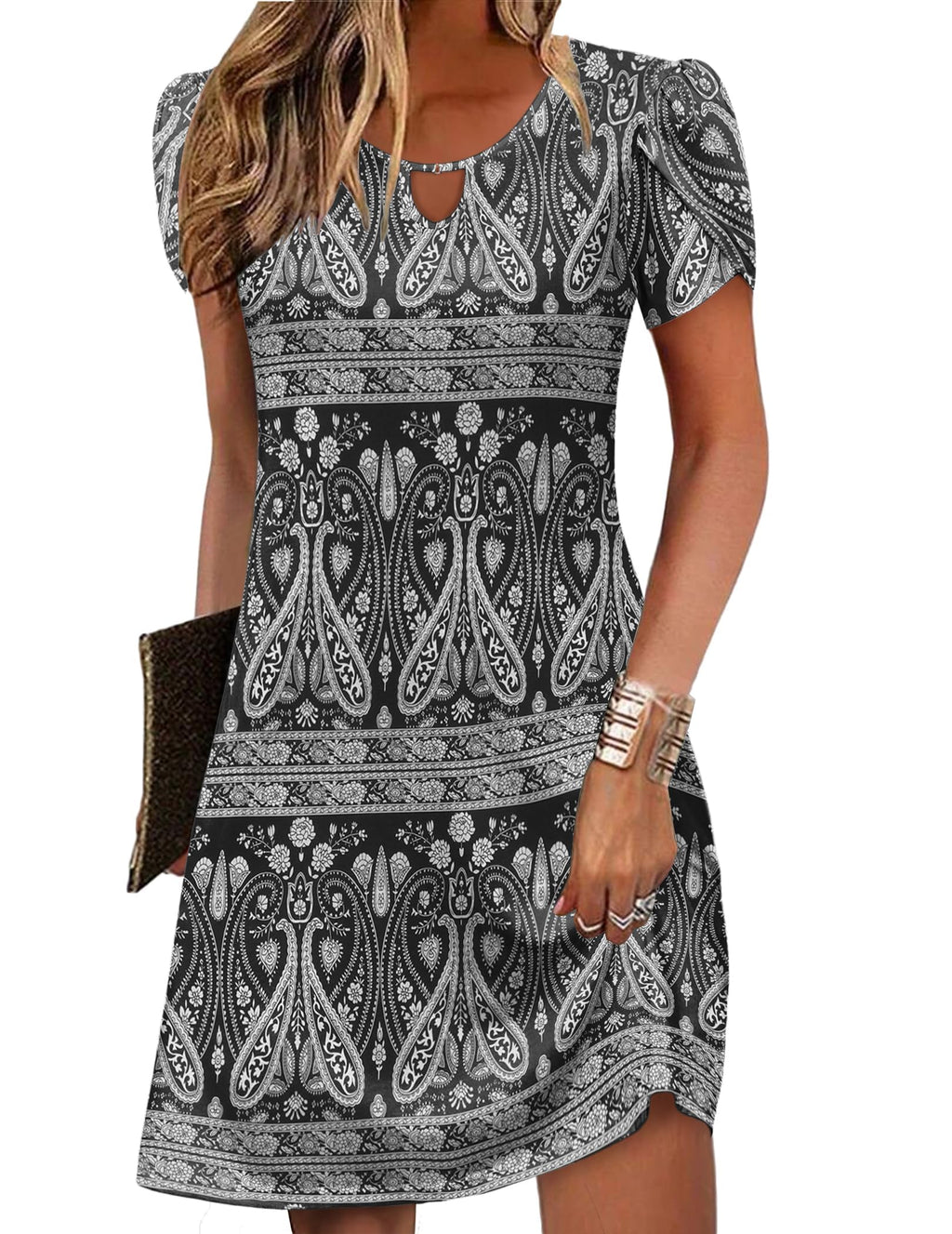 Women's Casual A-Line Dresses with Pockets Summer Floral Tshirt Dress Short Sleeve Mini Dress Flowy Sundresses
