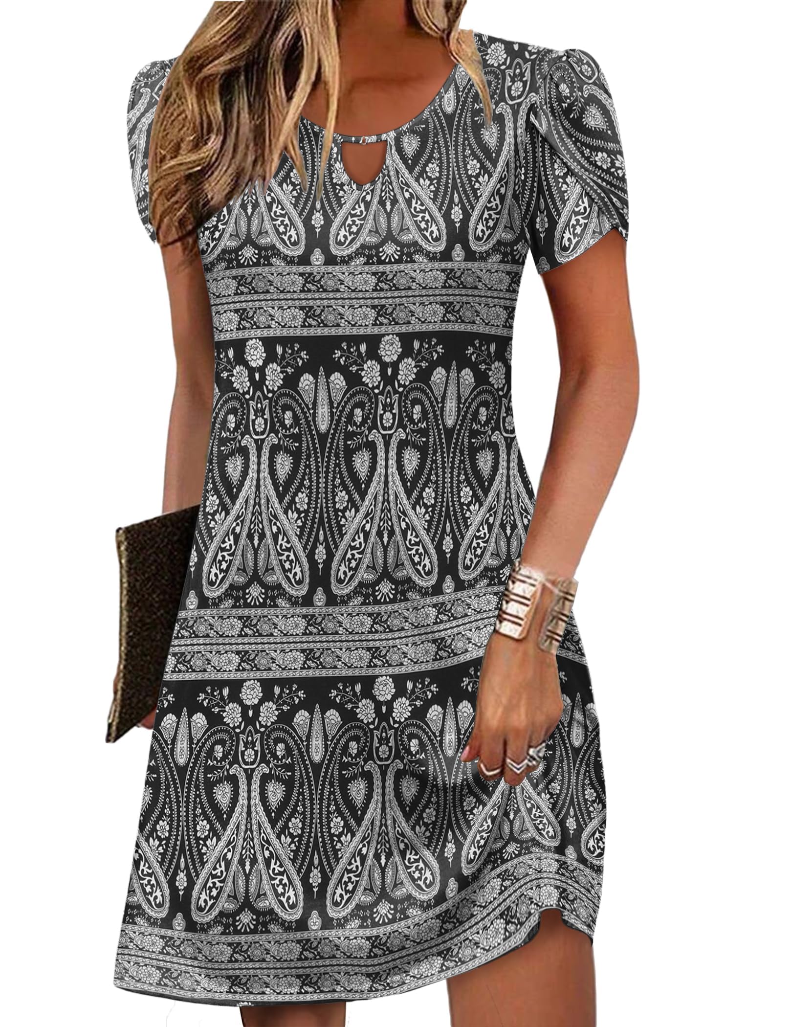 Women's Casual A-Line Dresses with Pockets Summer Floral Tshirt Dress Short Sleeve Mini Dress Flowy Sundresses