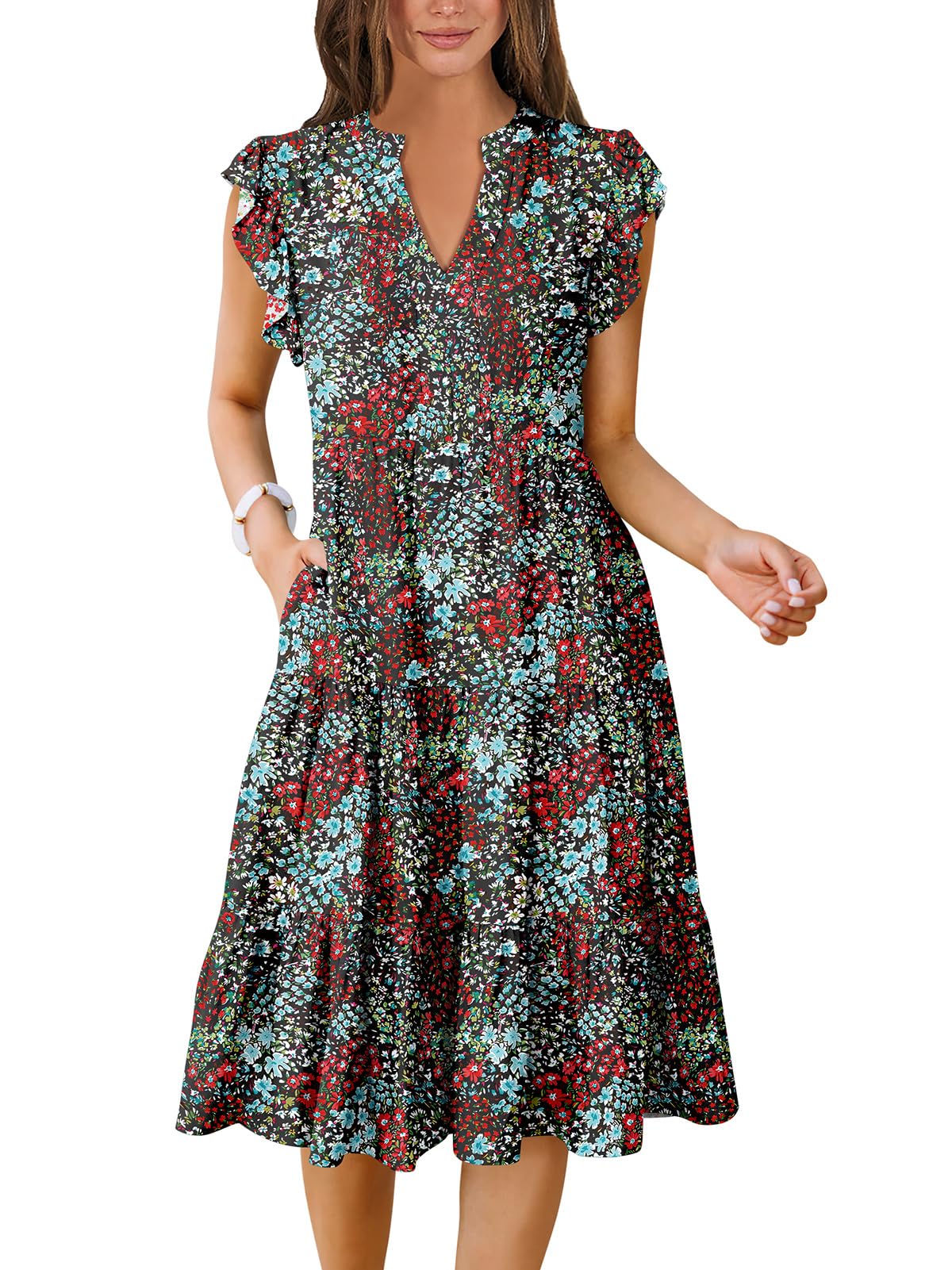 Womens Summer Dress Ruffle Sleeve V Neck Midi Dresses Fashion Casual Fit Flowy Tiered Boho Beach Vacation Sundress