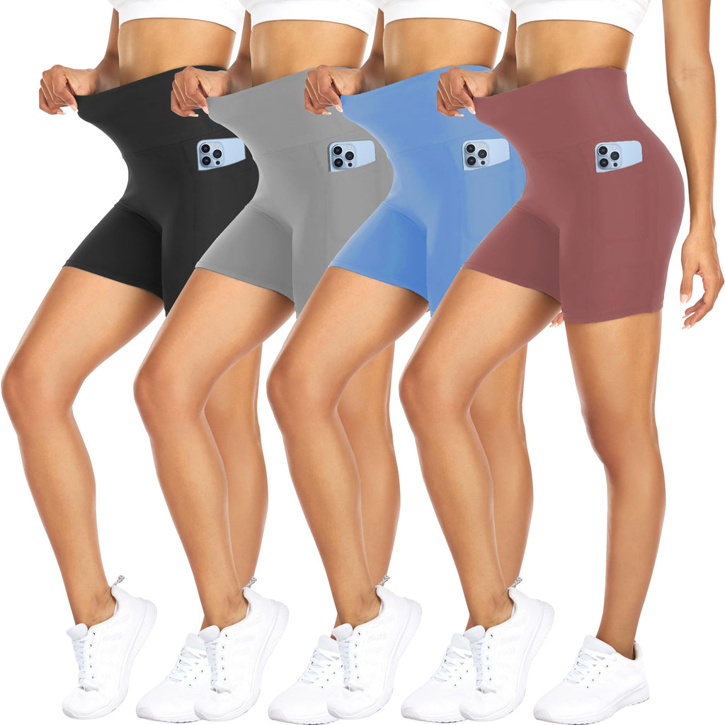 4 Pack Biker Shorts for Women with Pockets – 5" High Waisted Tummy Control Workout Yoga Running Gym Tennis Shorts